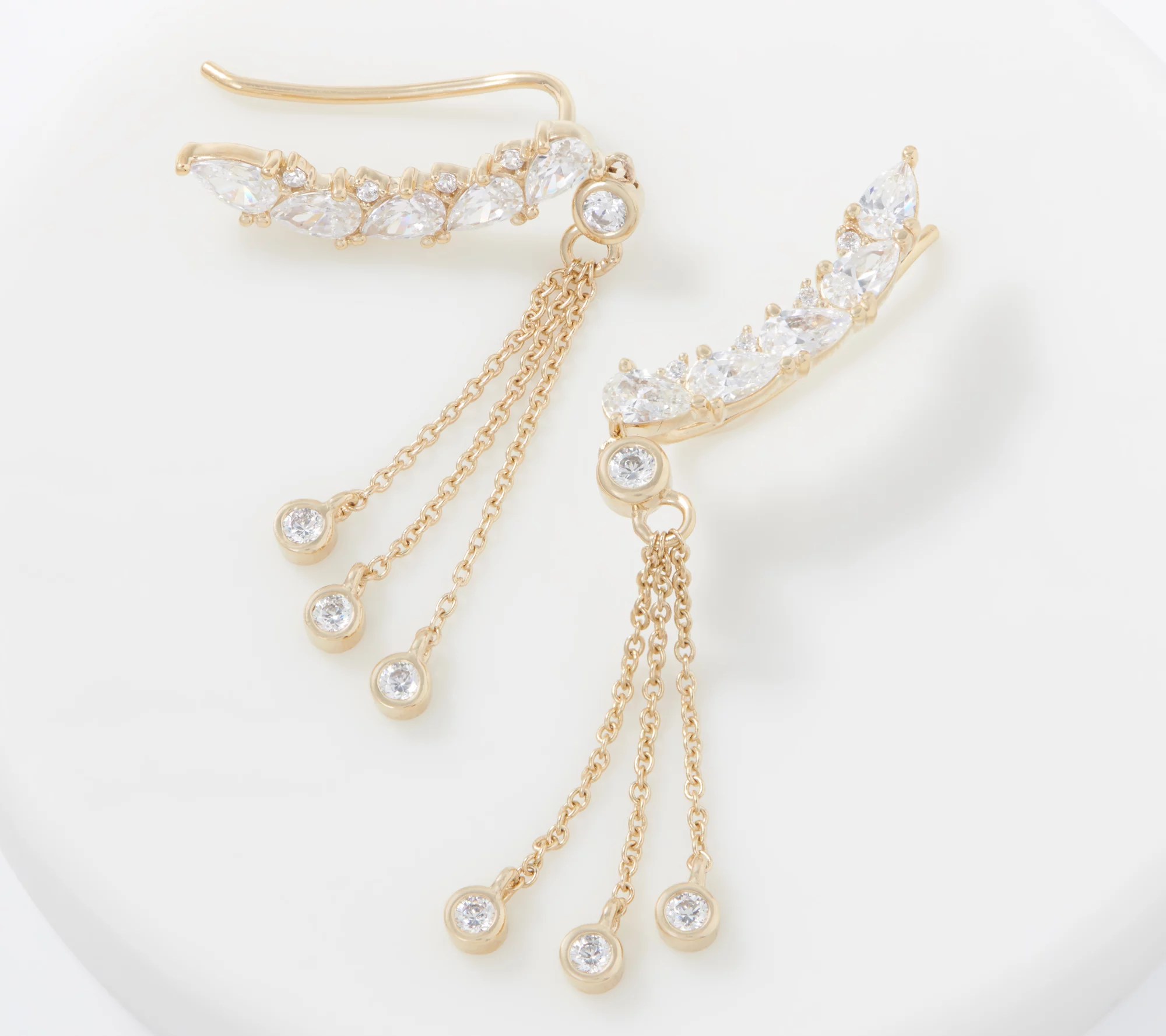 Diamonique Ear Climber Earrings with Hanging Bezel Stones,Sterling