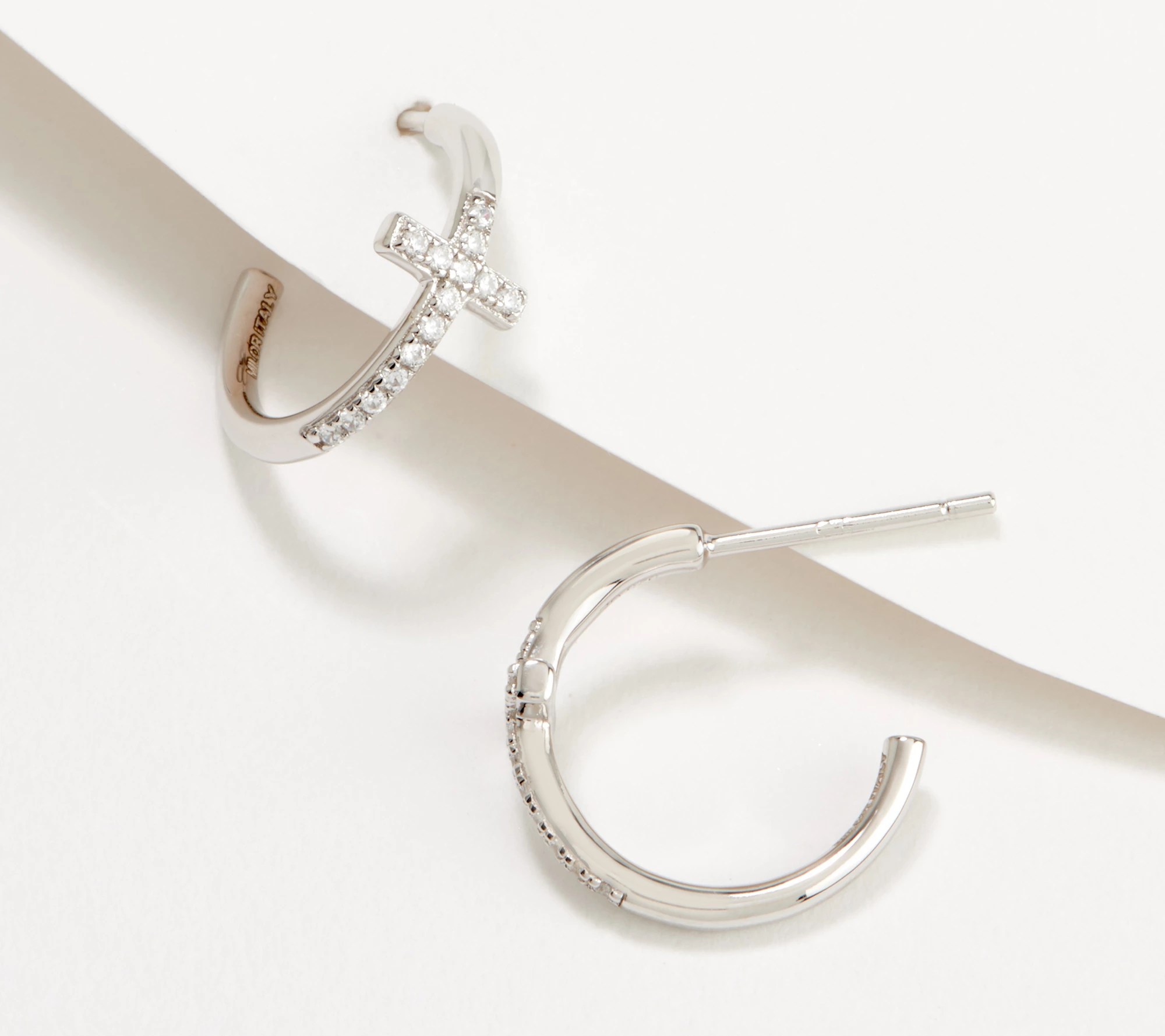 Diamonique Delicate Cross Hoop Earrings, Sterling Silver