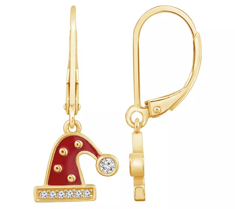 Diamonique Santa Hat Dangle Earrings, 14K Gold Plated