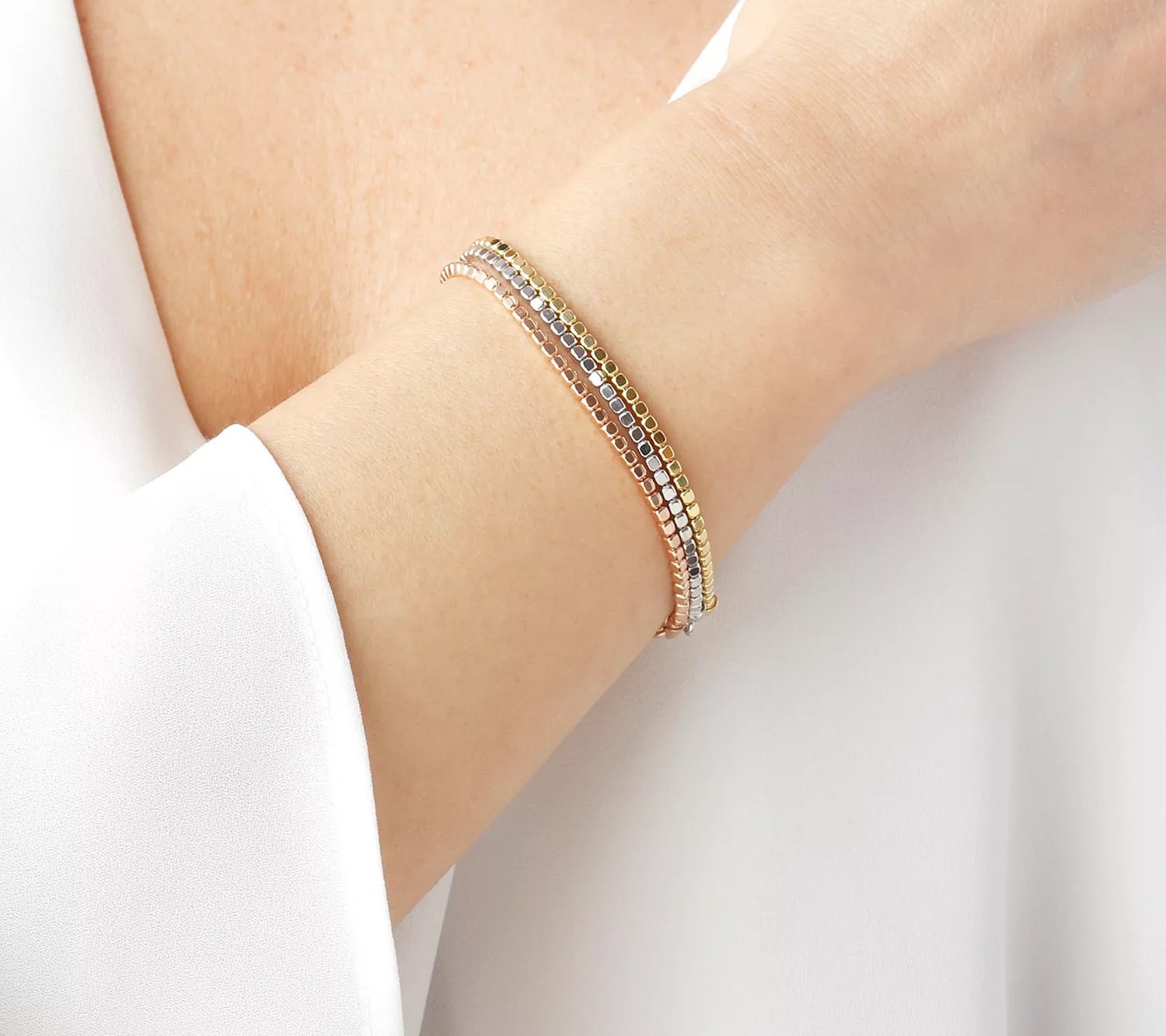 Italian Silver Set of 3 Polished Cube Link Bracelets