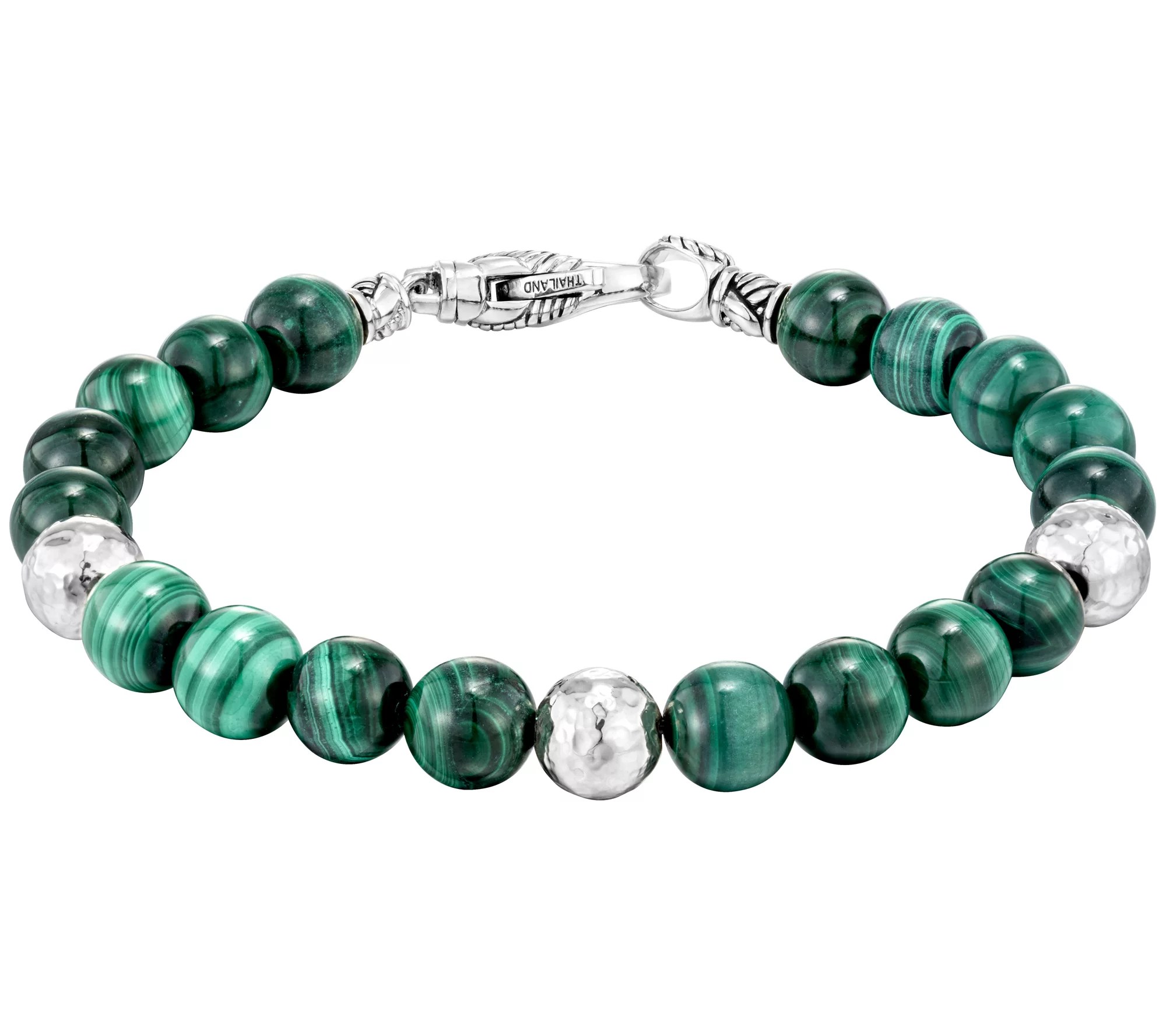 JAI Sterling Silver Malachite & Hammered Bead Bracelet