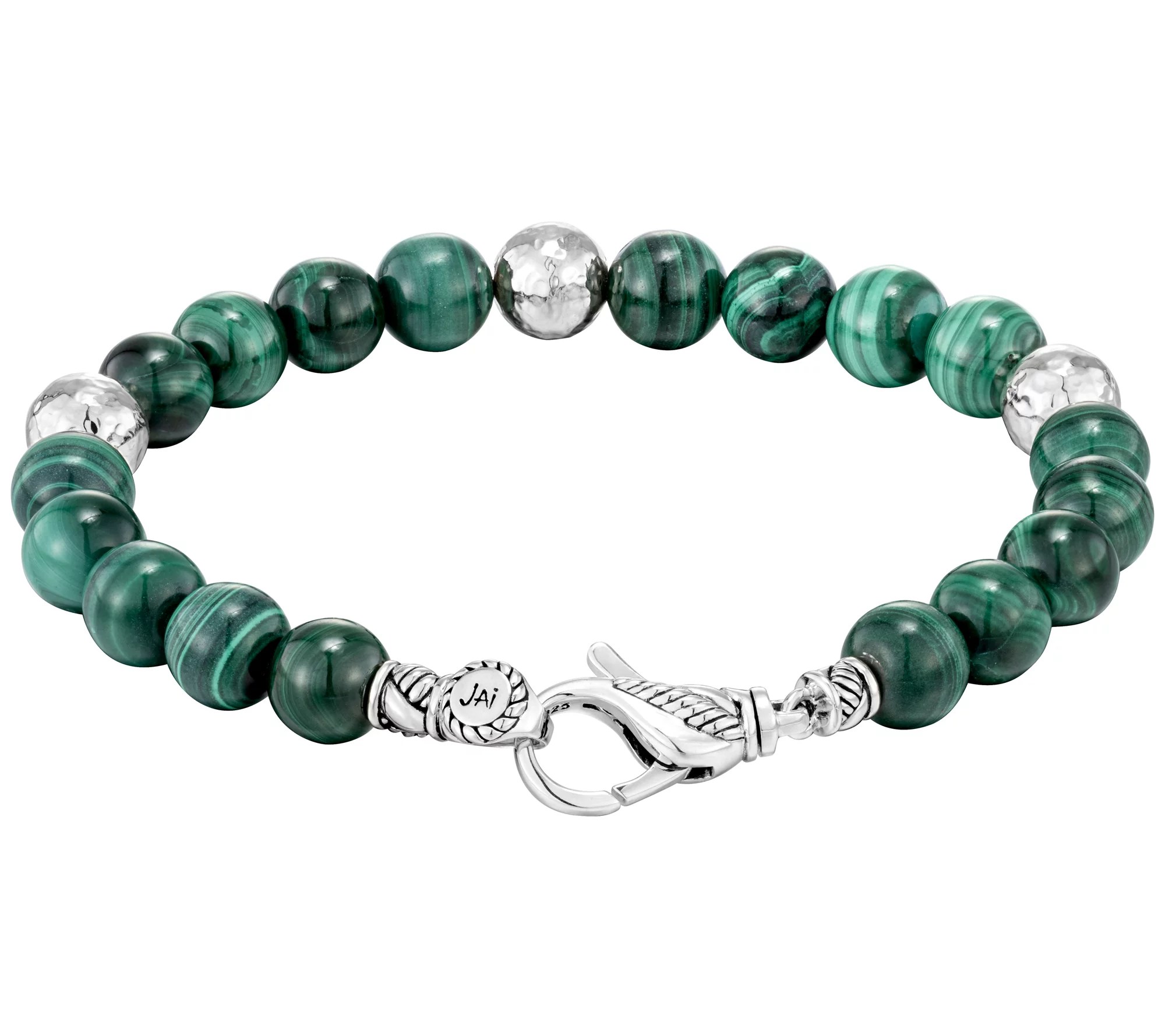 JAI Sterling Silver Malachite & Hammered Bead Bracelet