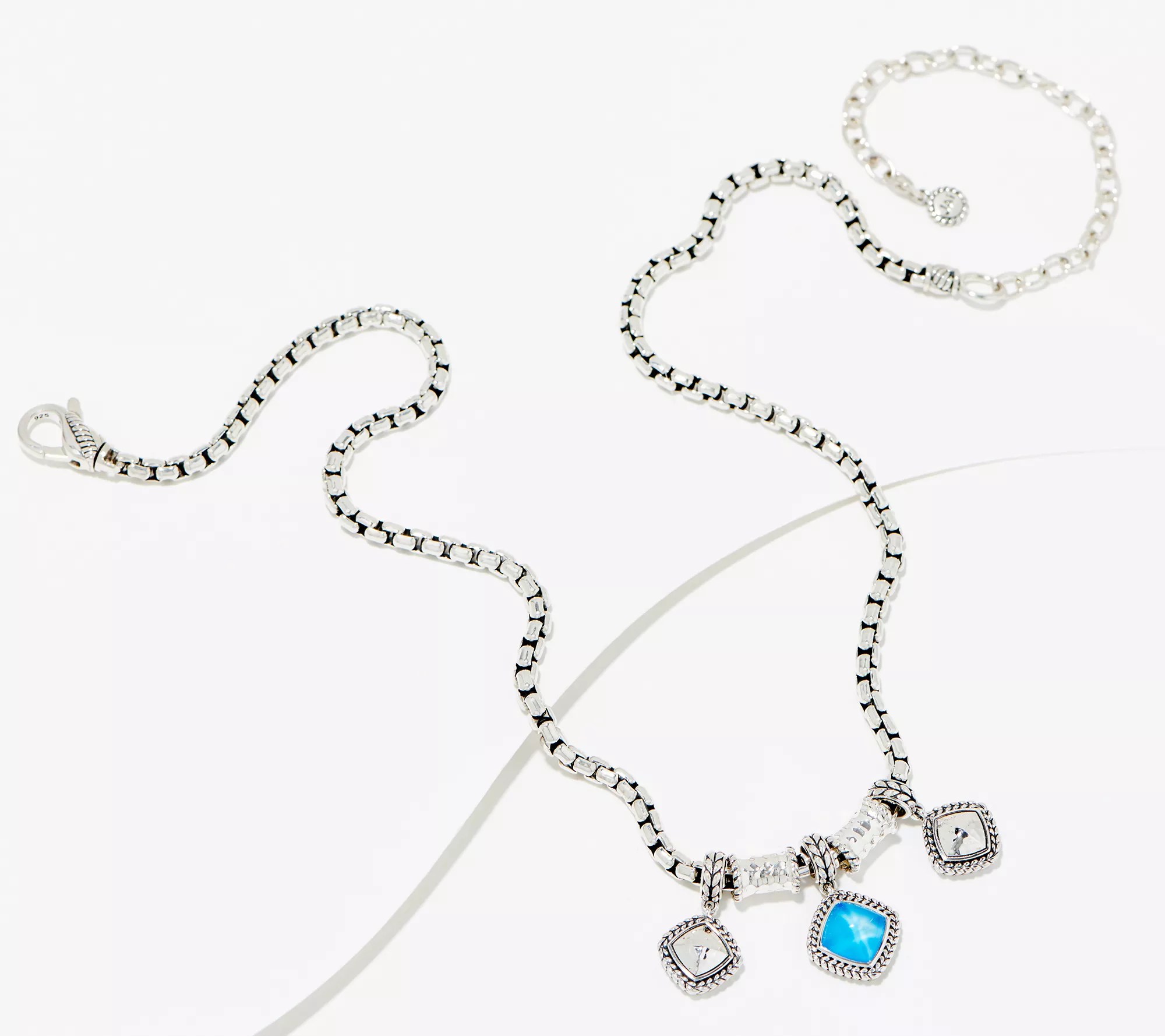 JAI Sterling Silver Doublet Gemstone Box Chain Necklace