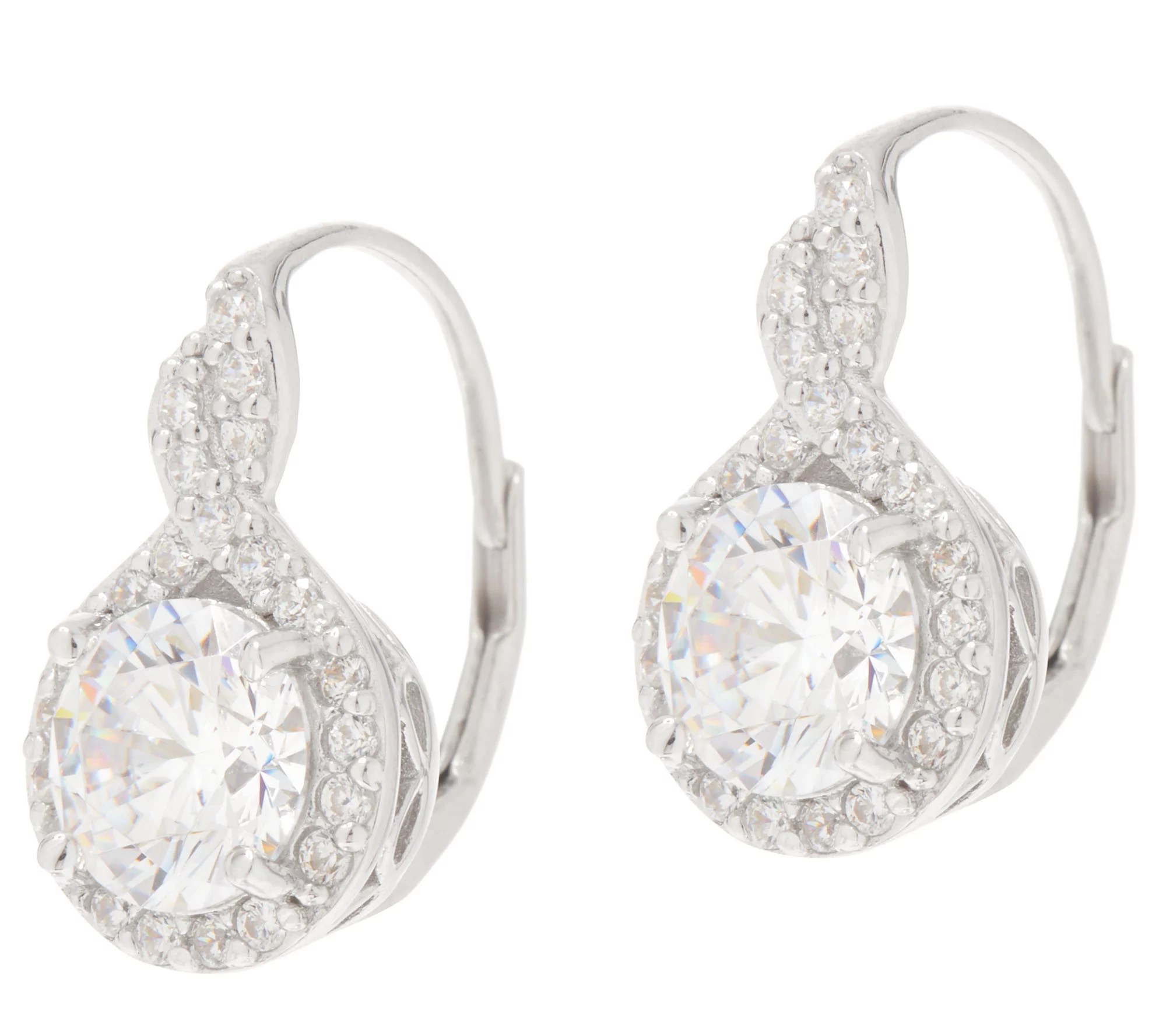 Diamonique Round Halo Lever Back Earrings, Sterling Silver