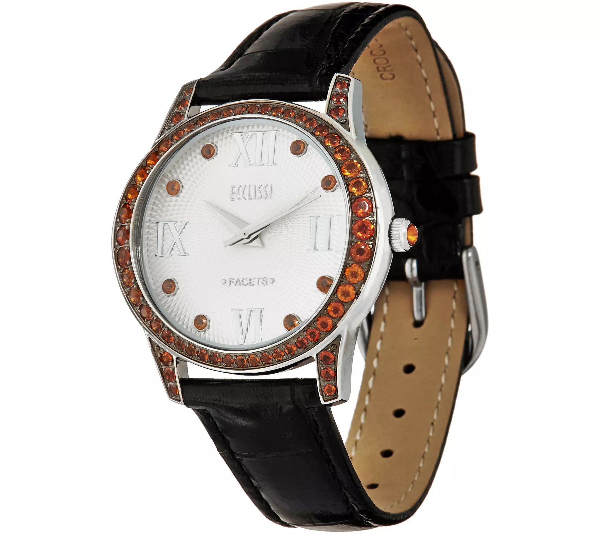 Ecclissi Facets Stainless Gemstone & Leather Watch, 1.50 cttw