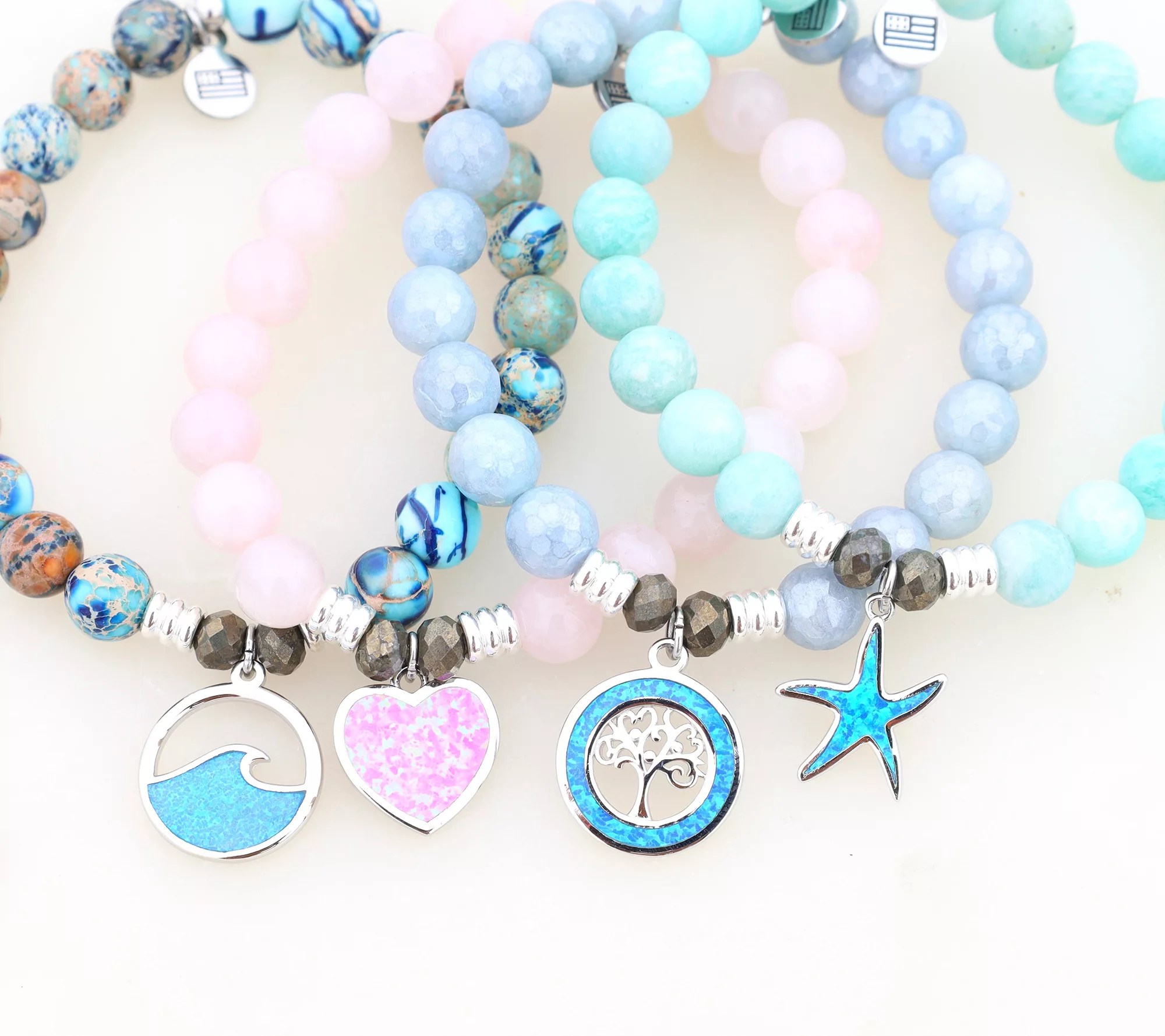 T.Jazelle Simulated Opal Beaded Gemstone Charm Bracelet, Sterling