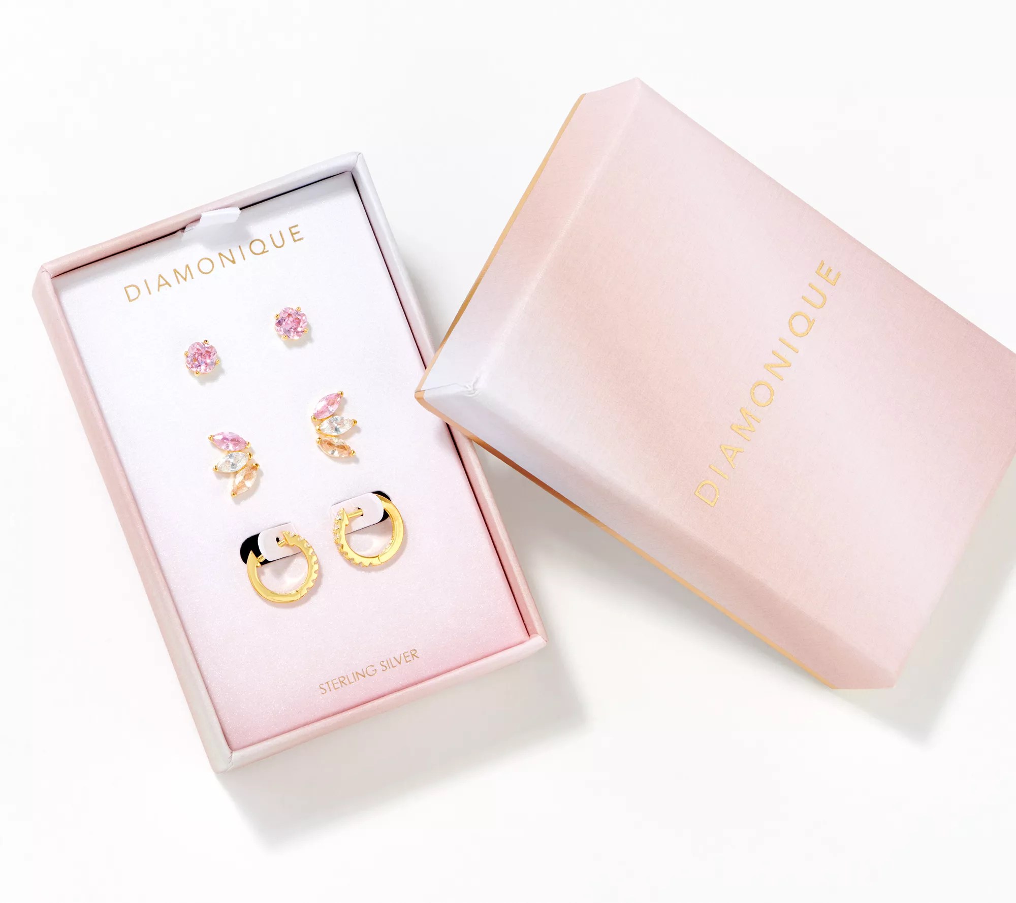 Diamonique Erin's Picks Set of 3_Boxed Earrings, 14K Gold Plated