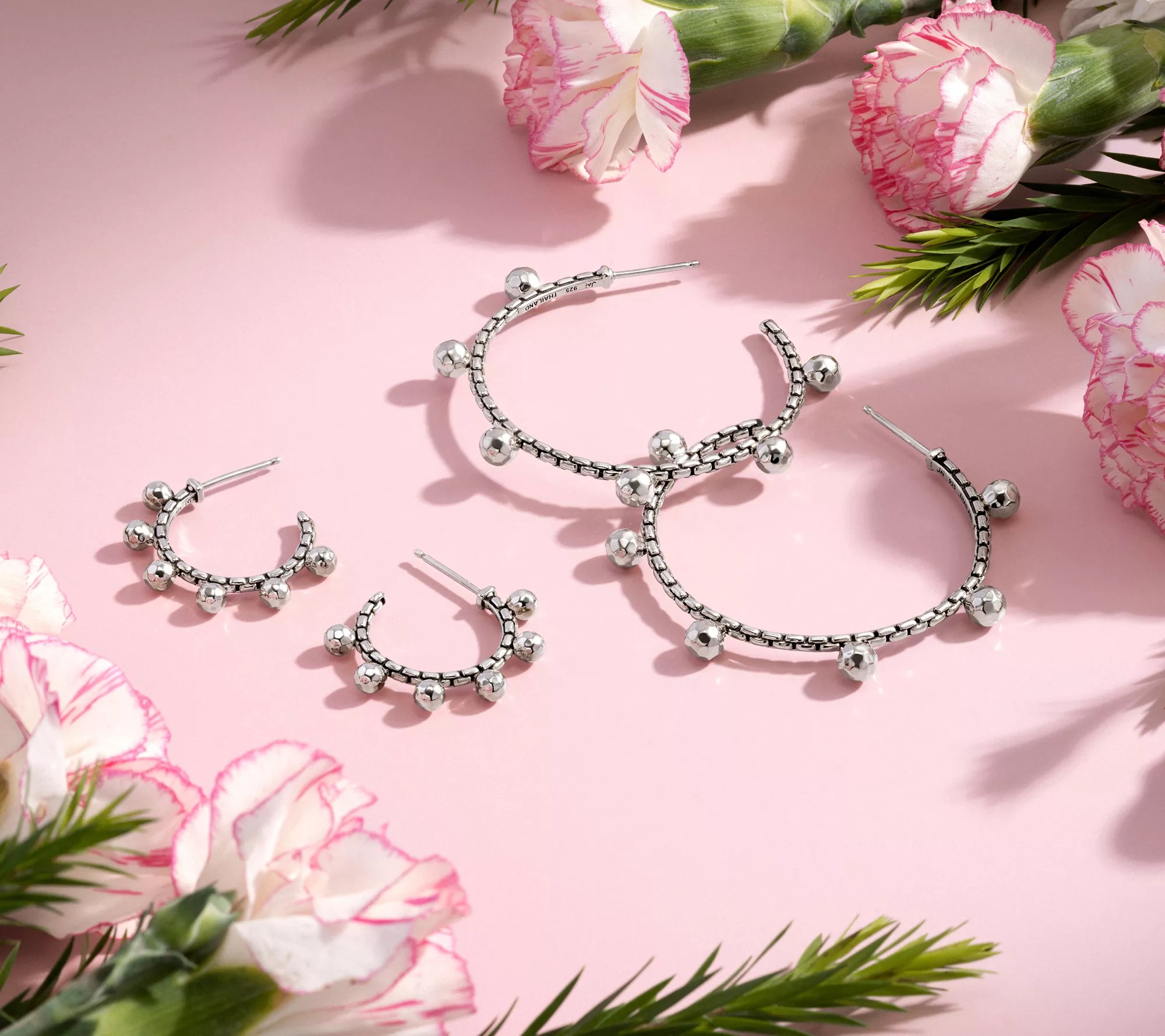 JAI Sterling Silver Hammered Bead 1" Hoop Earrings