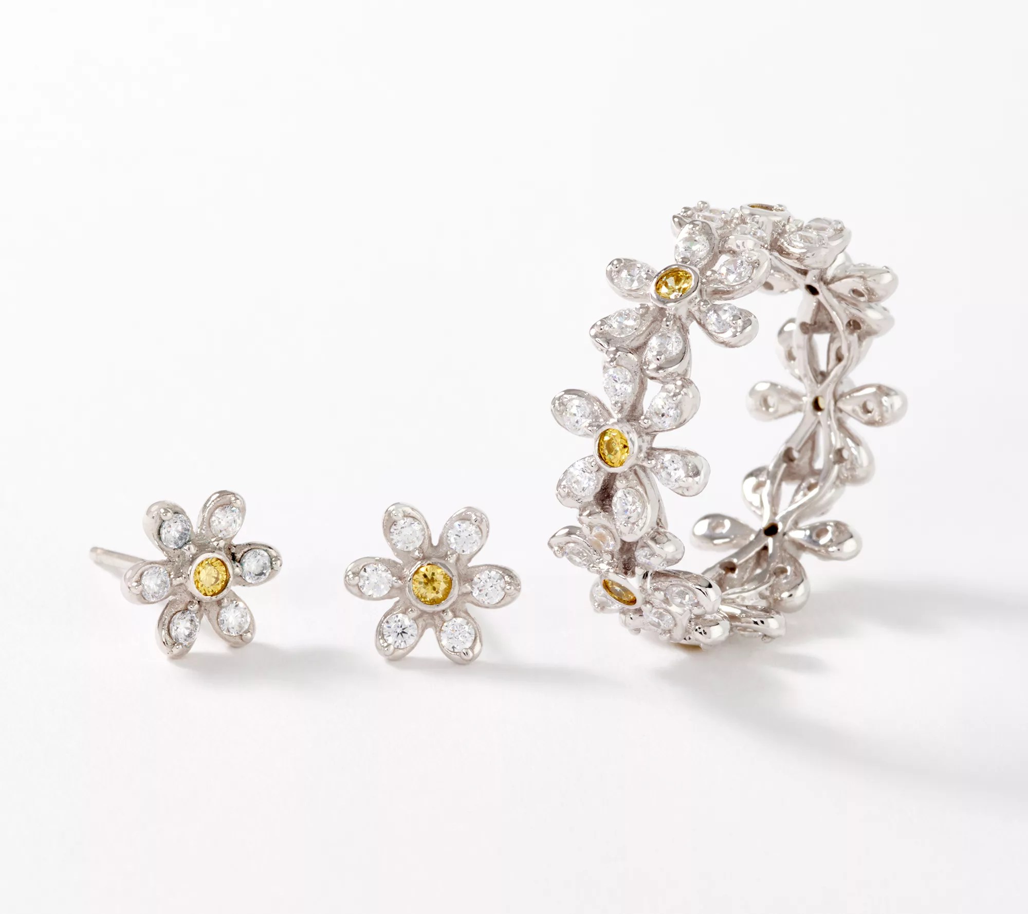 Diamonique Color Floral Band Ring & Stud Earrings, Sterling, Boxed