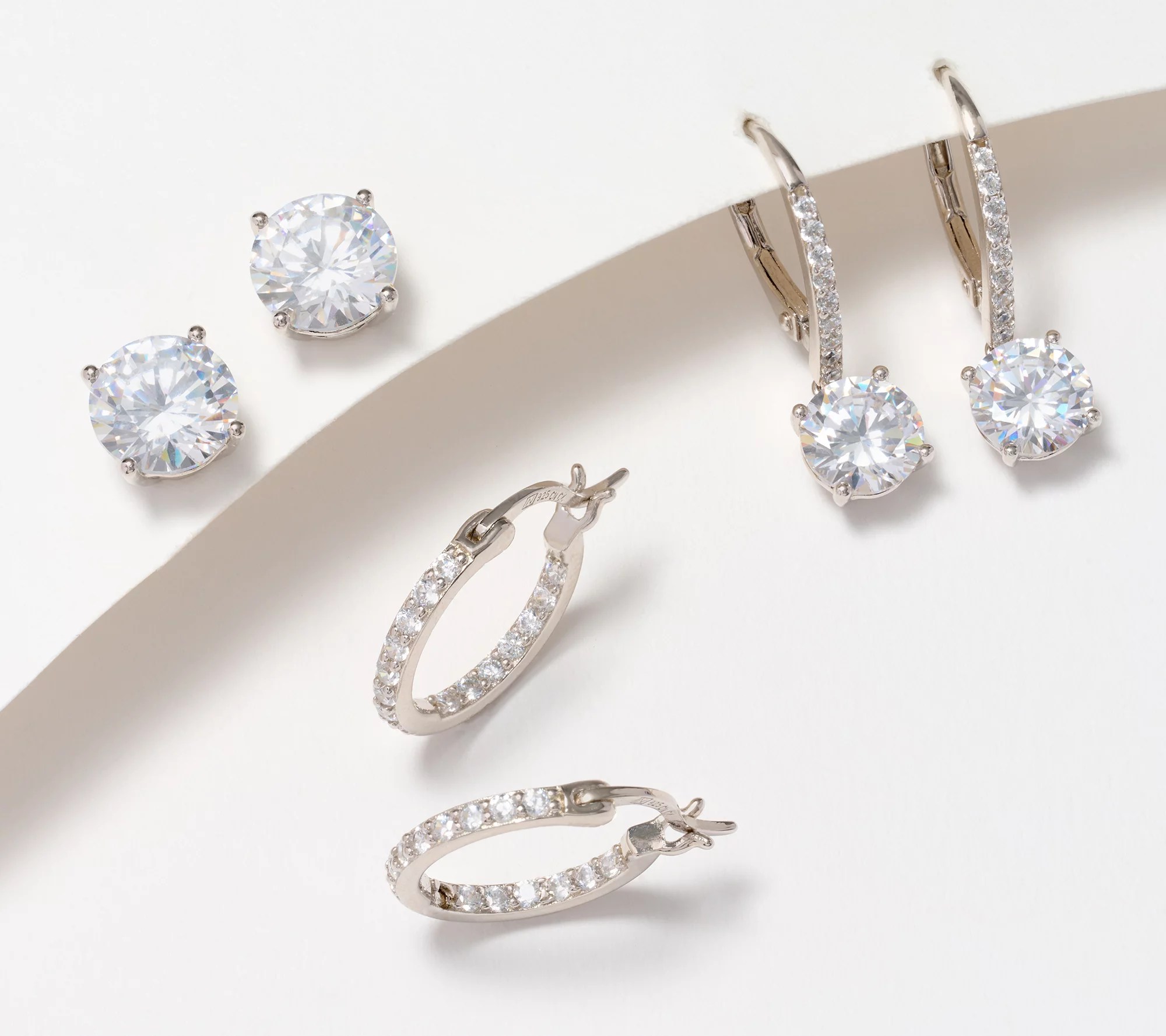 Diamonique Set of 3 Studs, Hoops & Leverback Earring w/ Box