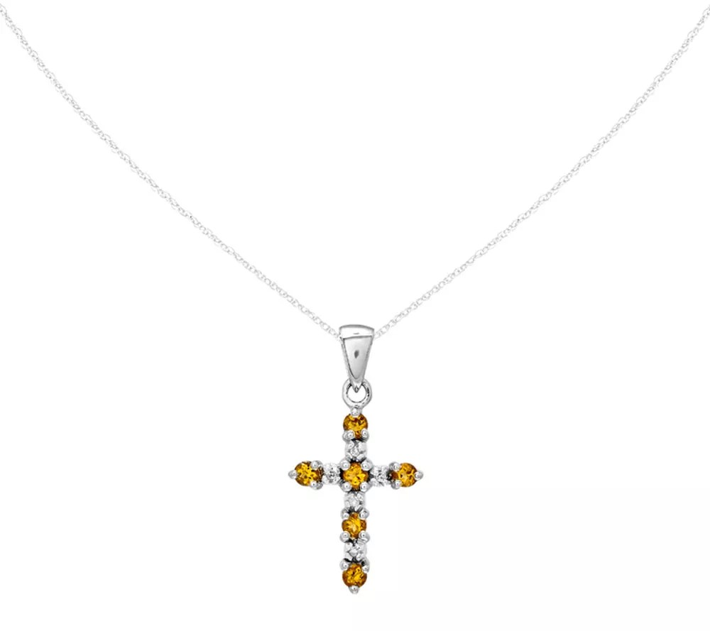 Gemstone and Diamond Cross Pendant with Chain,14K White Gold