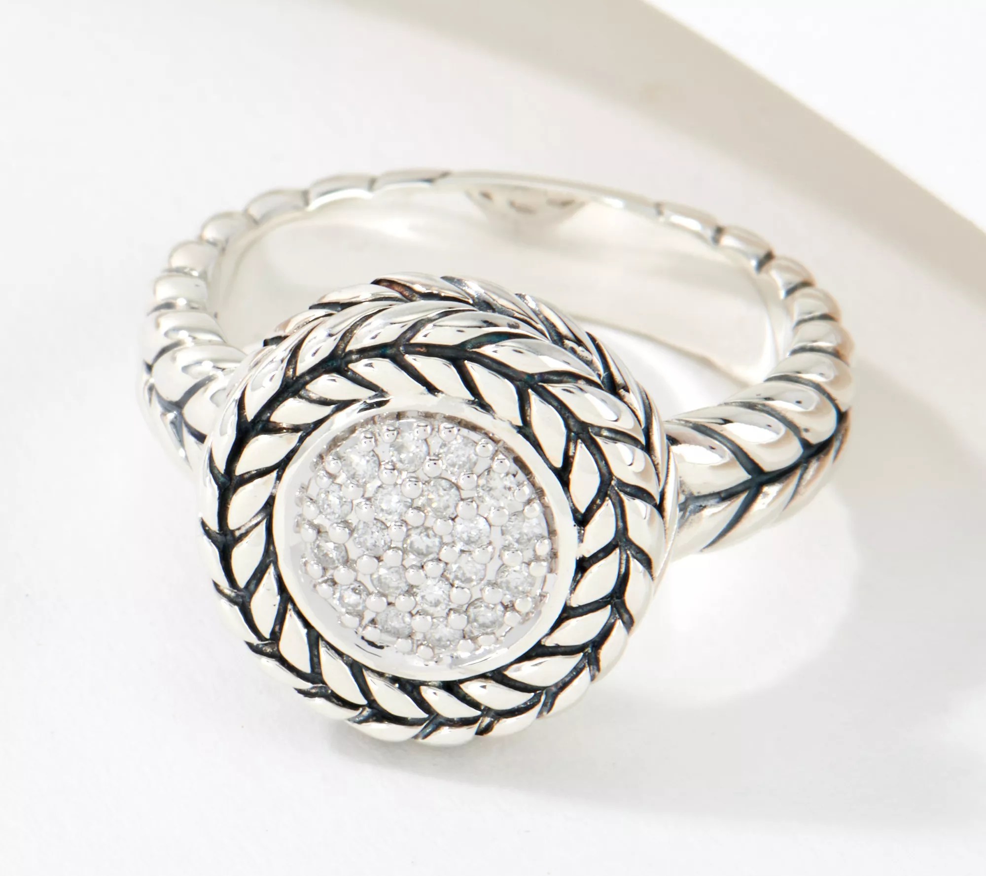 JAI Sterling Silver Basketweave Diamond Ring