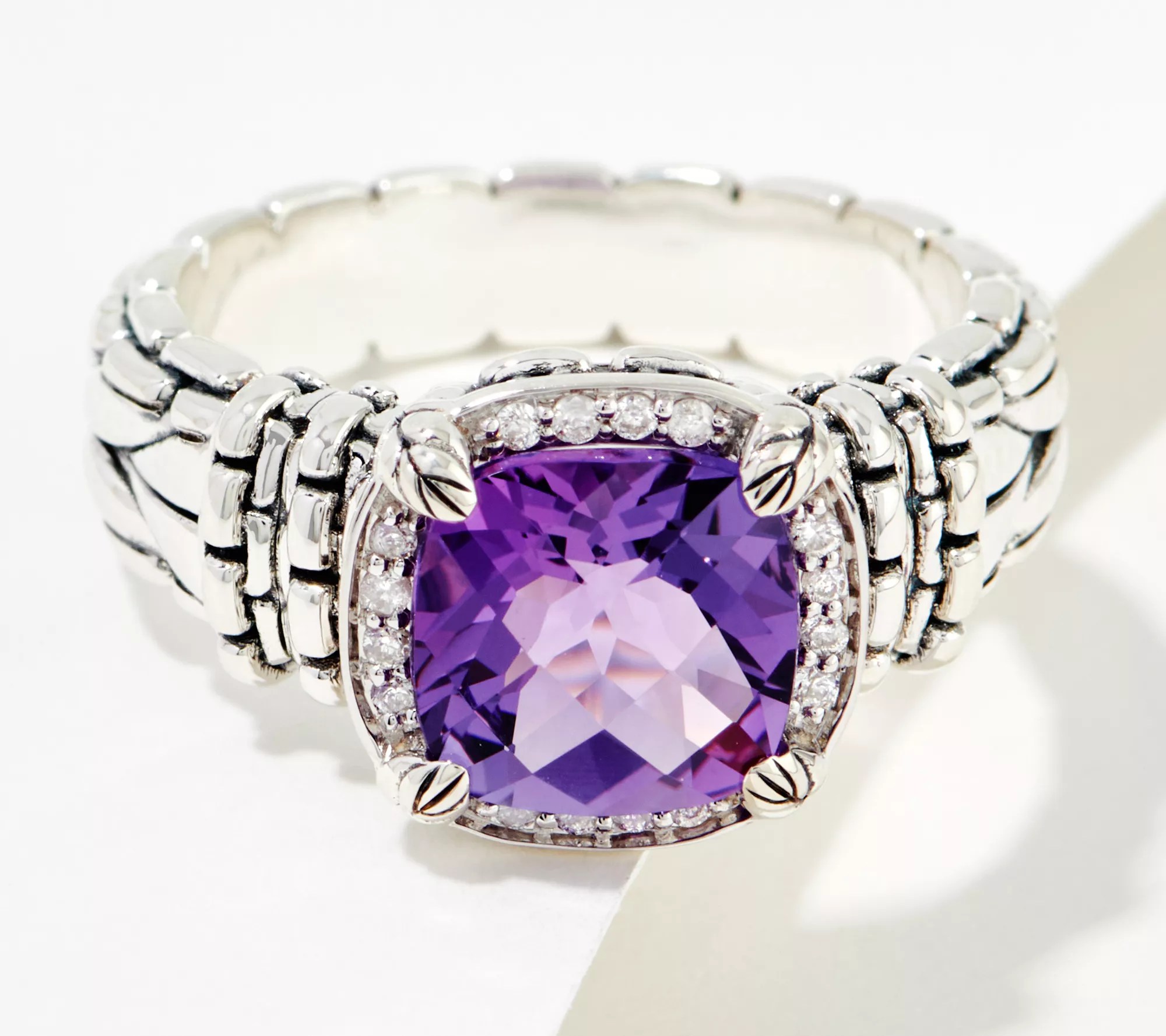 "As Is" JAI Sterling Silver Cushion Gemstone & Diamond Ring