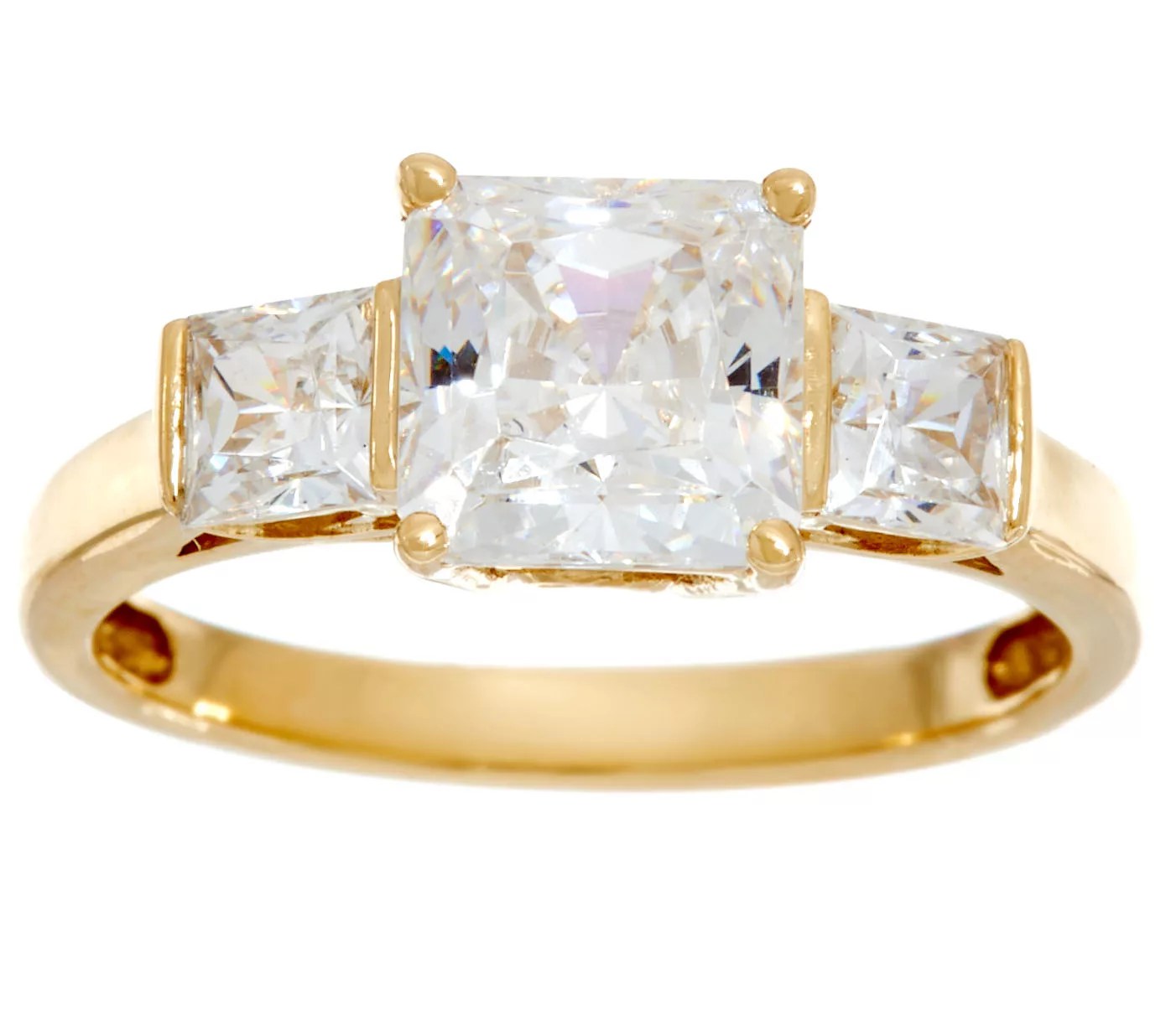 Diamonique Three Stone Princess Cut Ring, 14K Gold