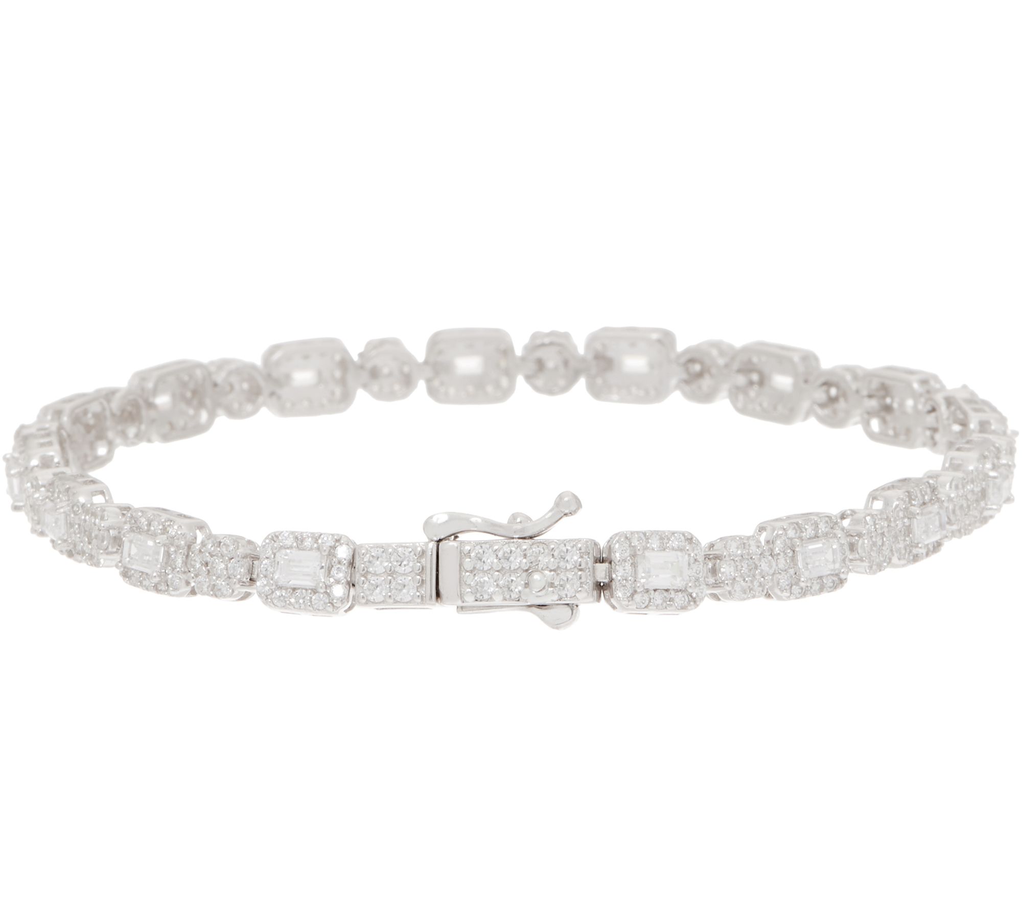 Diamonique Baguette and Round Halo Tennis Bracelet Sterling Silver