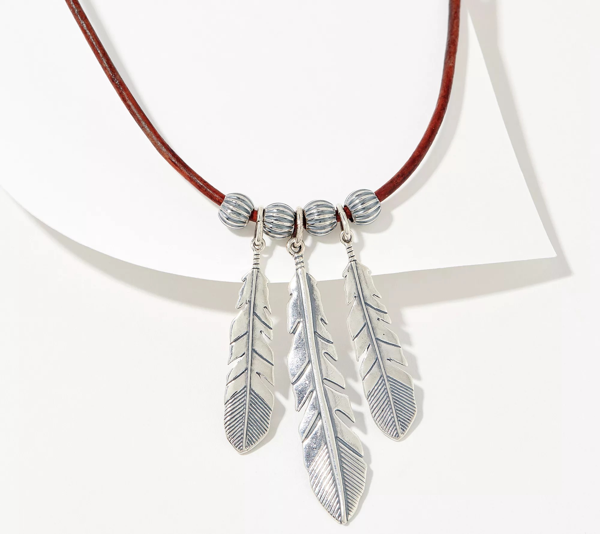 American West Sterling Silver 3 Feather Leather 17" Necklace