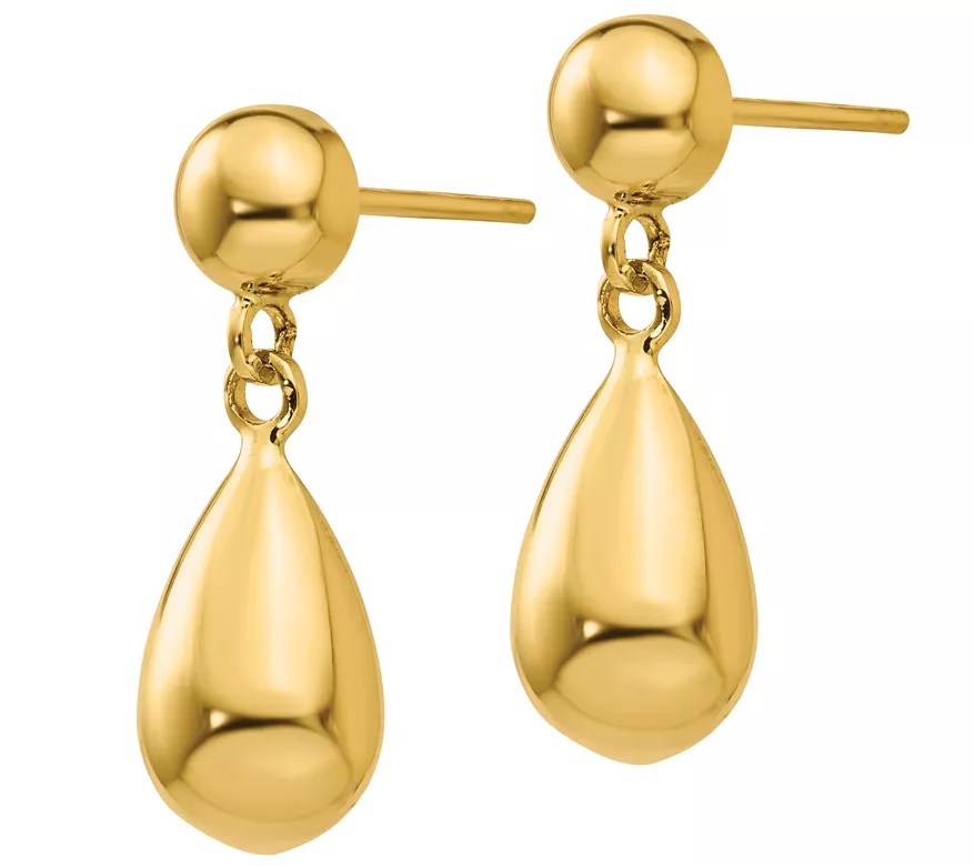 14K Gold Polished Puffed Teardrop Dangle Earrings