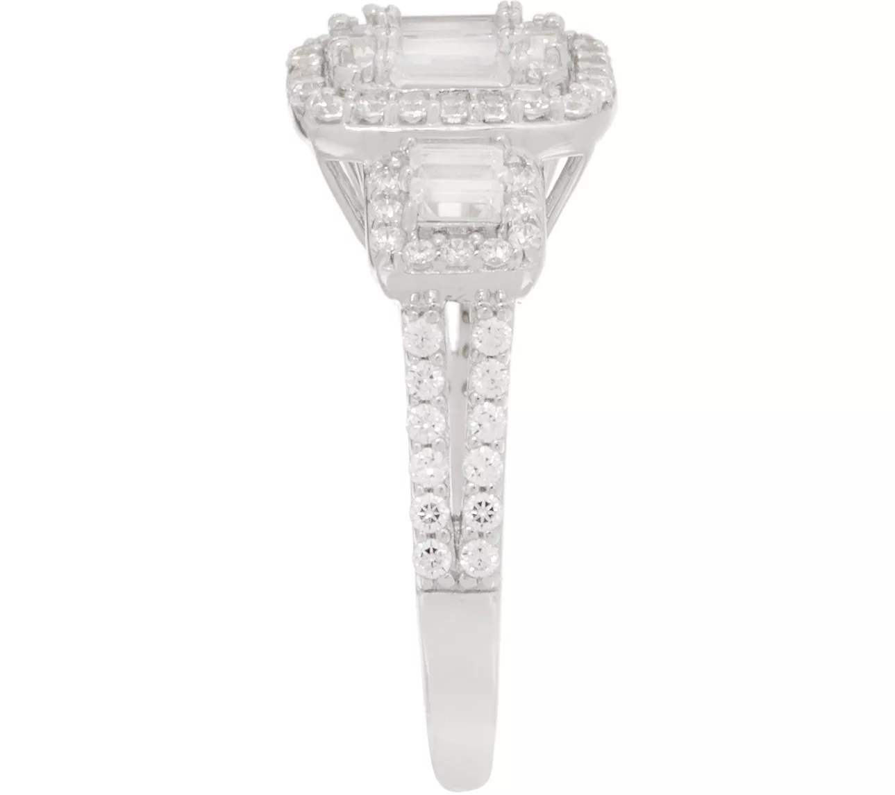 Diamonique Round and Baguette Halo Cluster Ring, Sterling Silver