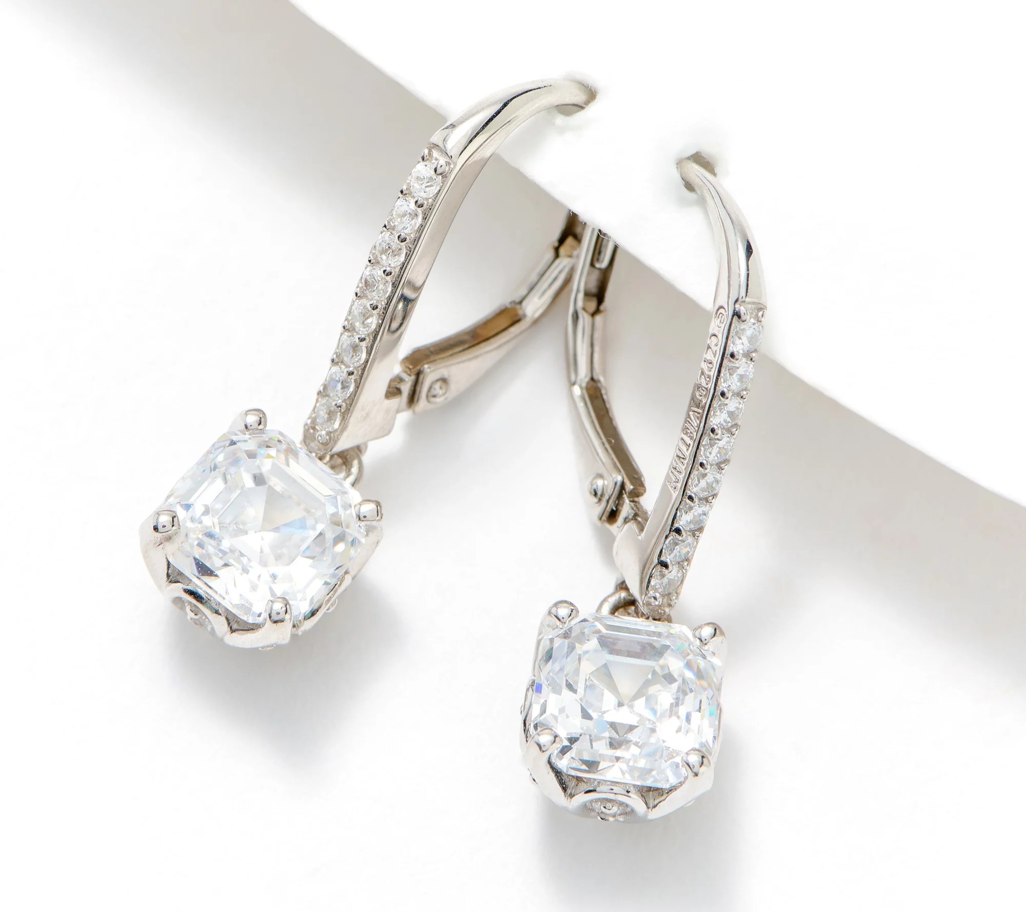 Diamonique AsscherCut Drop Lever Back Earrings, Sterling Silver