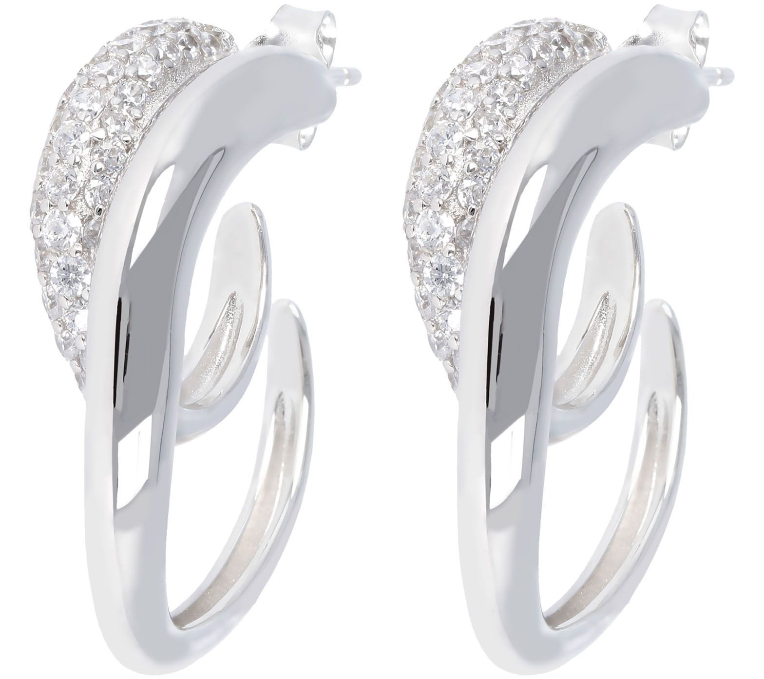 Diamonique 1" Pave Set & Polished Hoop Earrings, Sterling