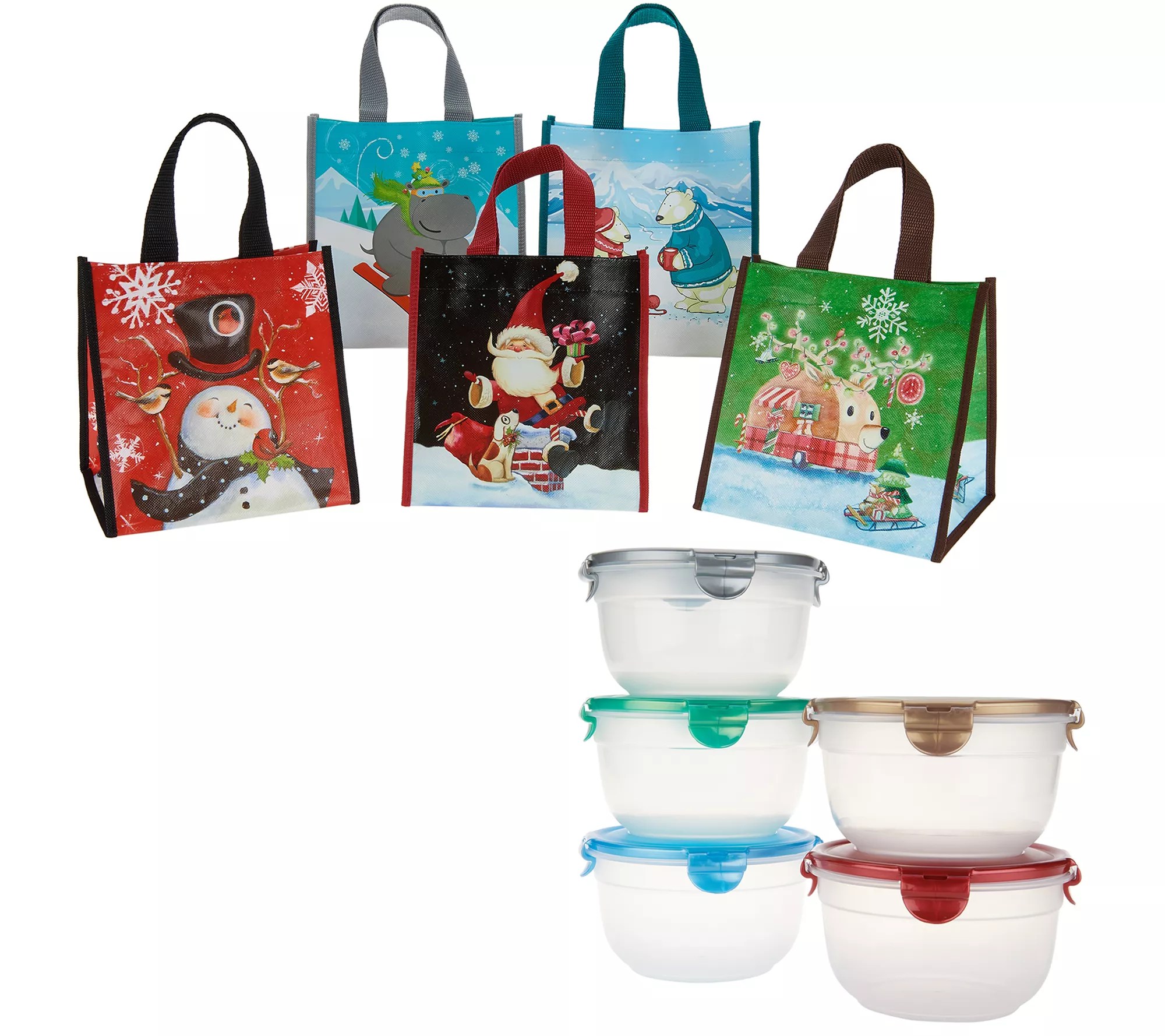 Lock & Lock Set of 5 Bowls with Holiday Gift Bags