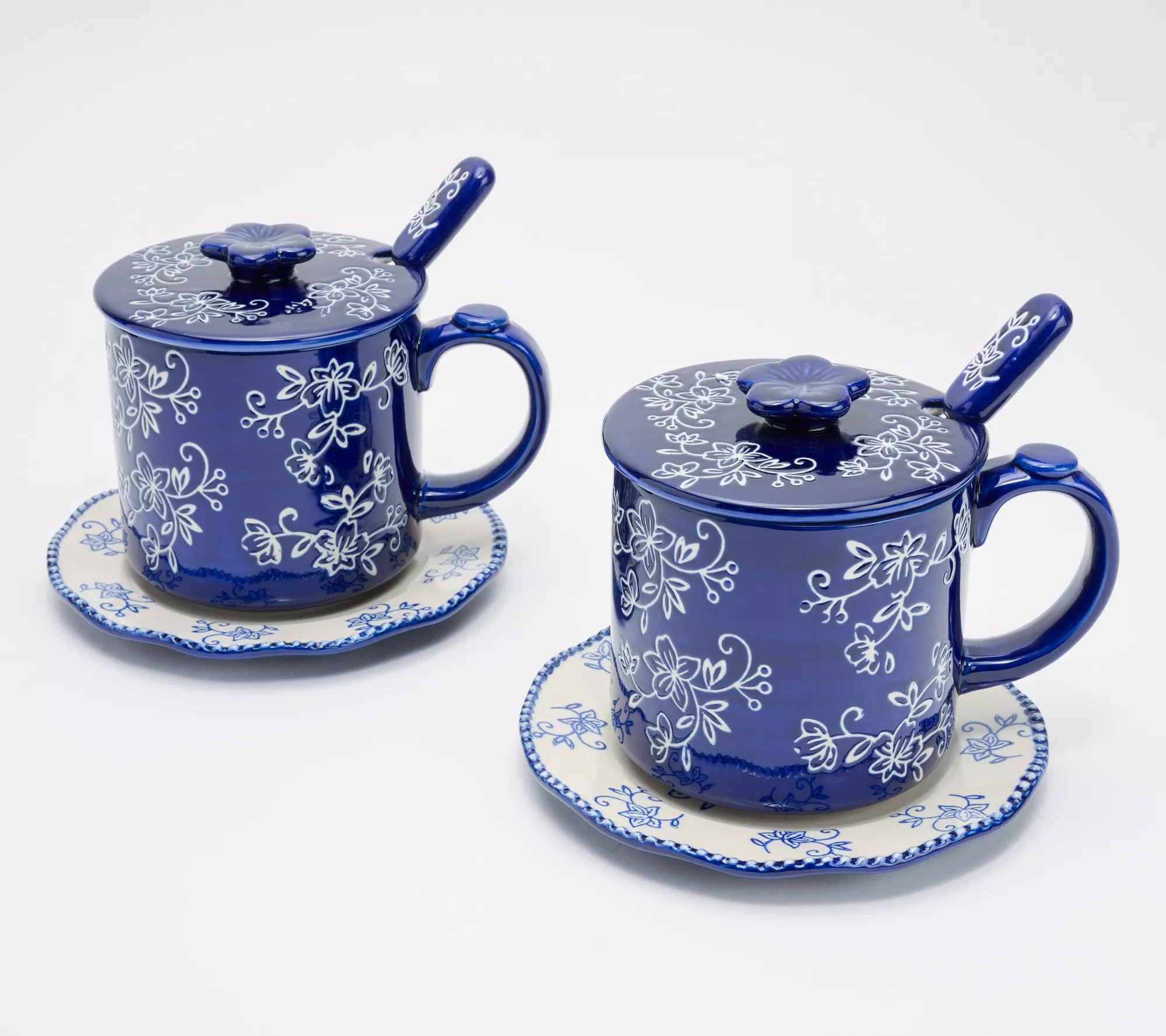 Temptations Floral Lace (2) 20oz Mug w/ Lid It, Spoon & Coaster