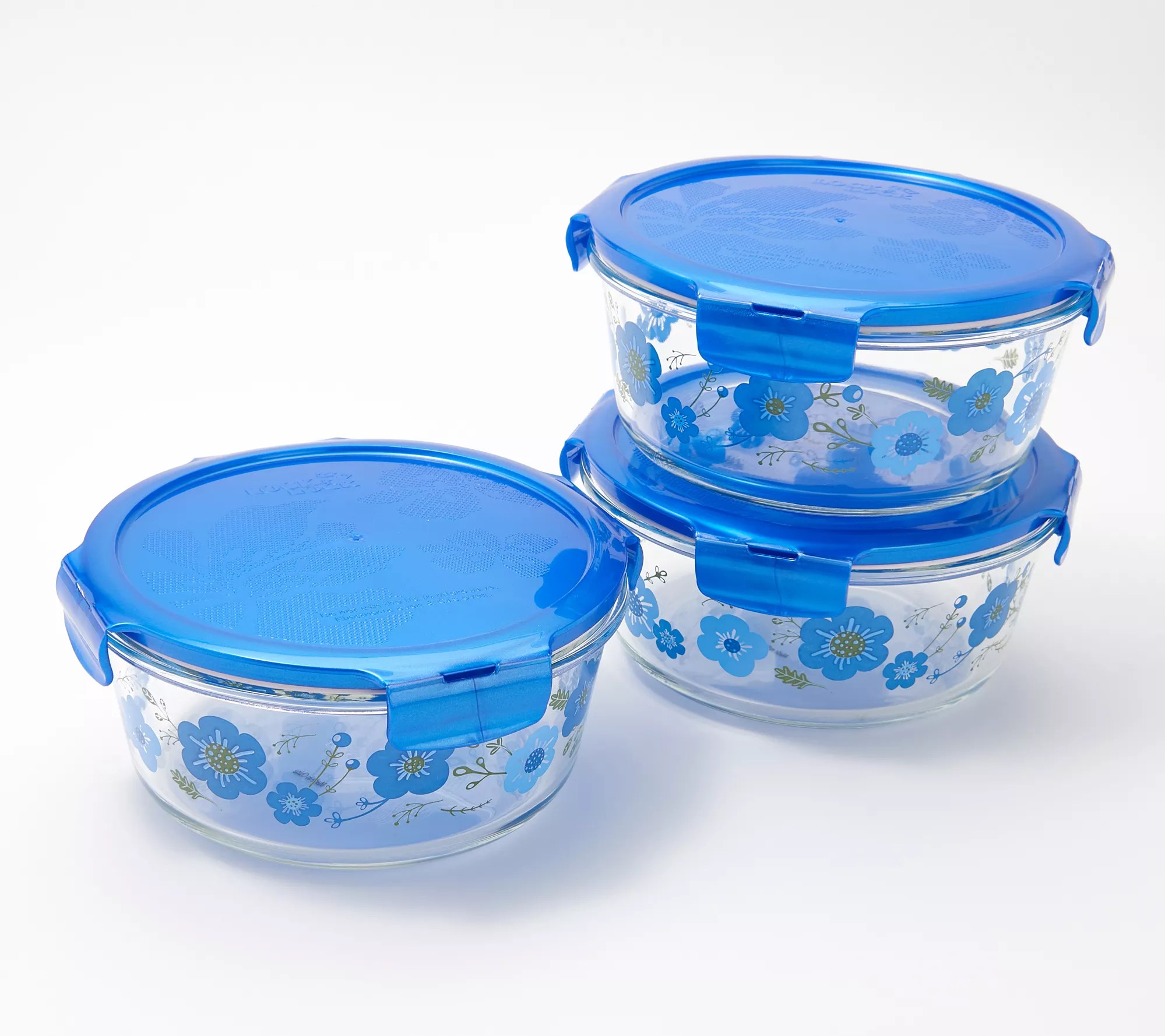 LocknLock 3Piece Floral Printed Glass Bowls w/ Locking Lids