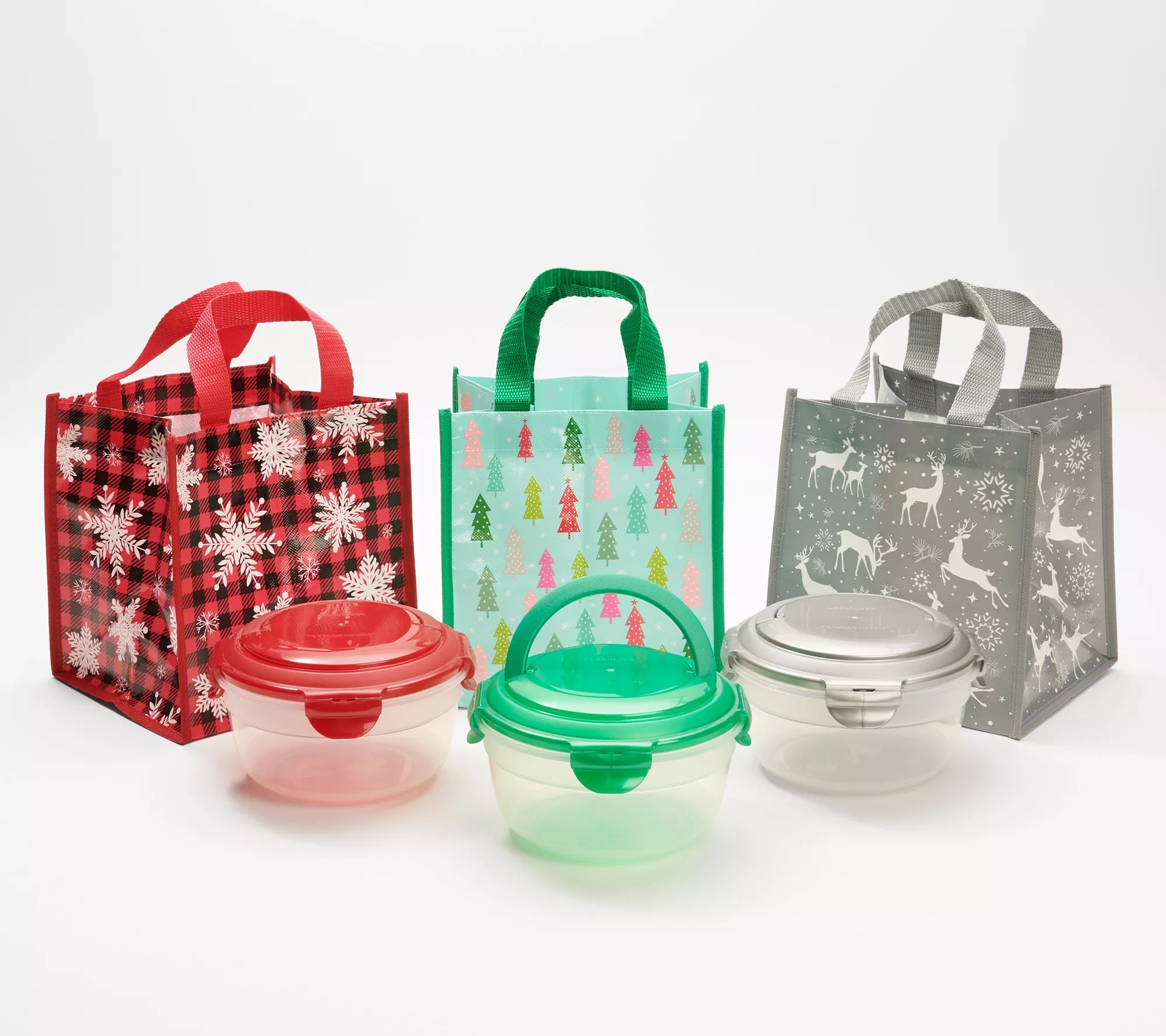 "As Is" Lockn Lock Set of 3 Bowls with Handles and Holiday Bags