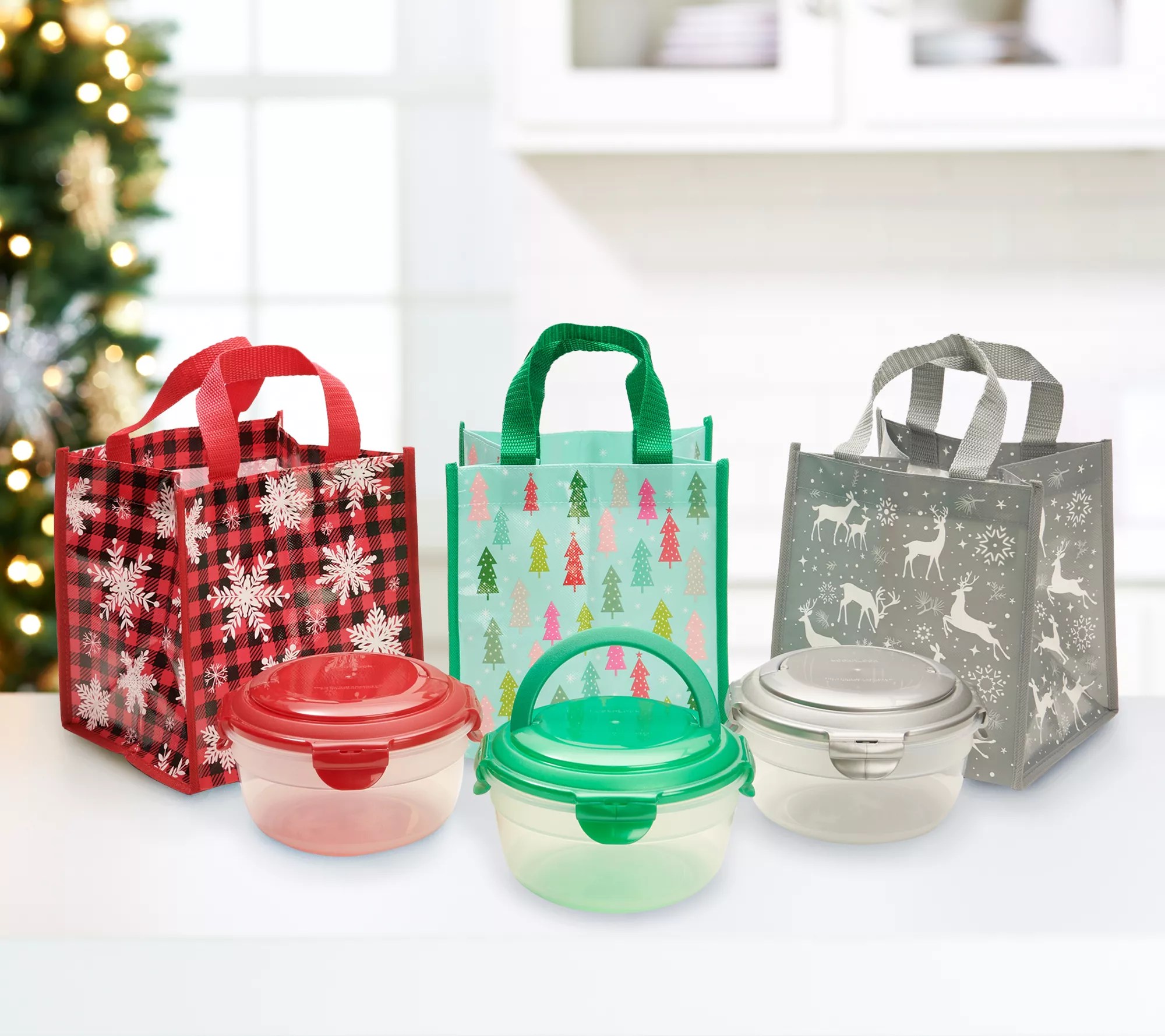 "As Is" Lockn Lock Set of 3 Bowls with Handles and Holiday Bags
