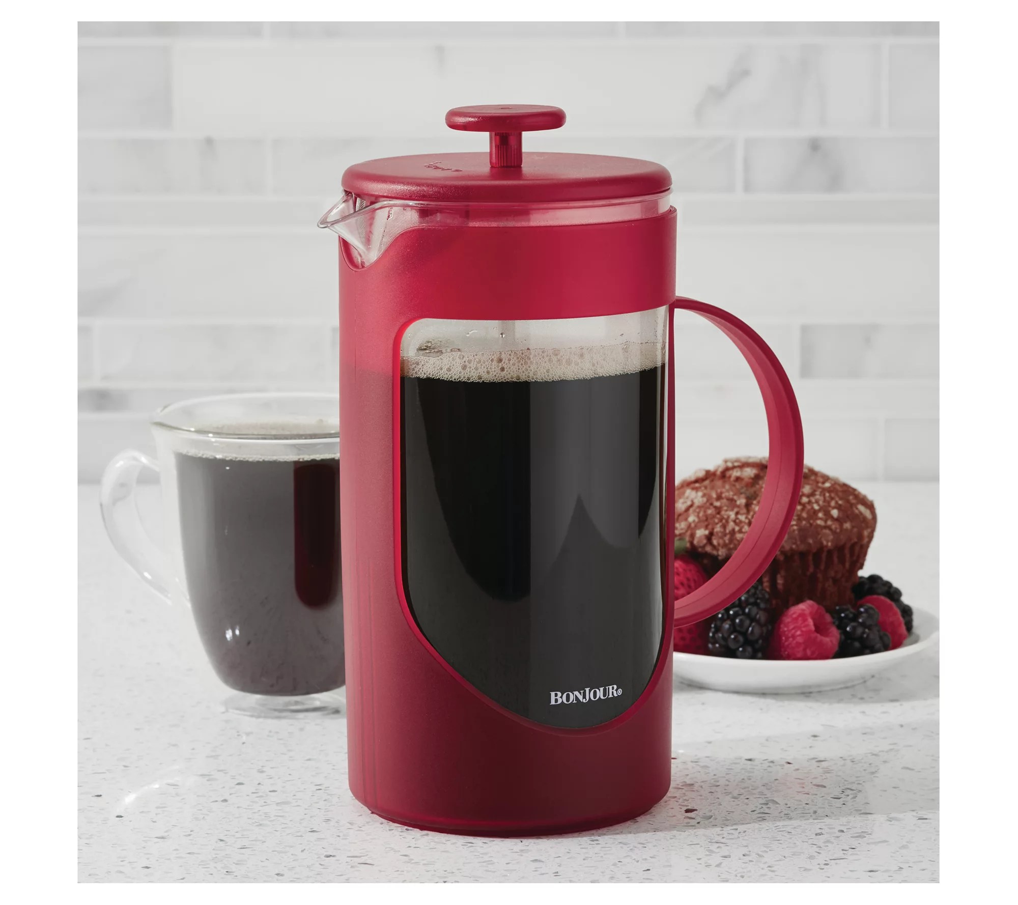 BonJour Coffee Unbreakable Plastic French Press, 40oz, Red