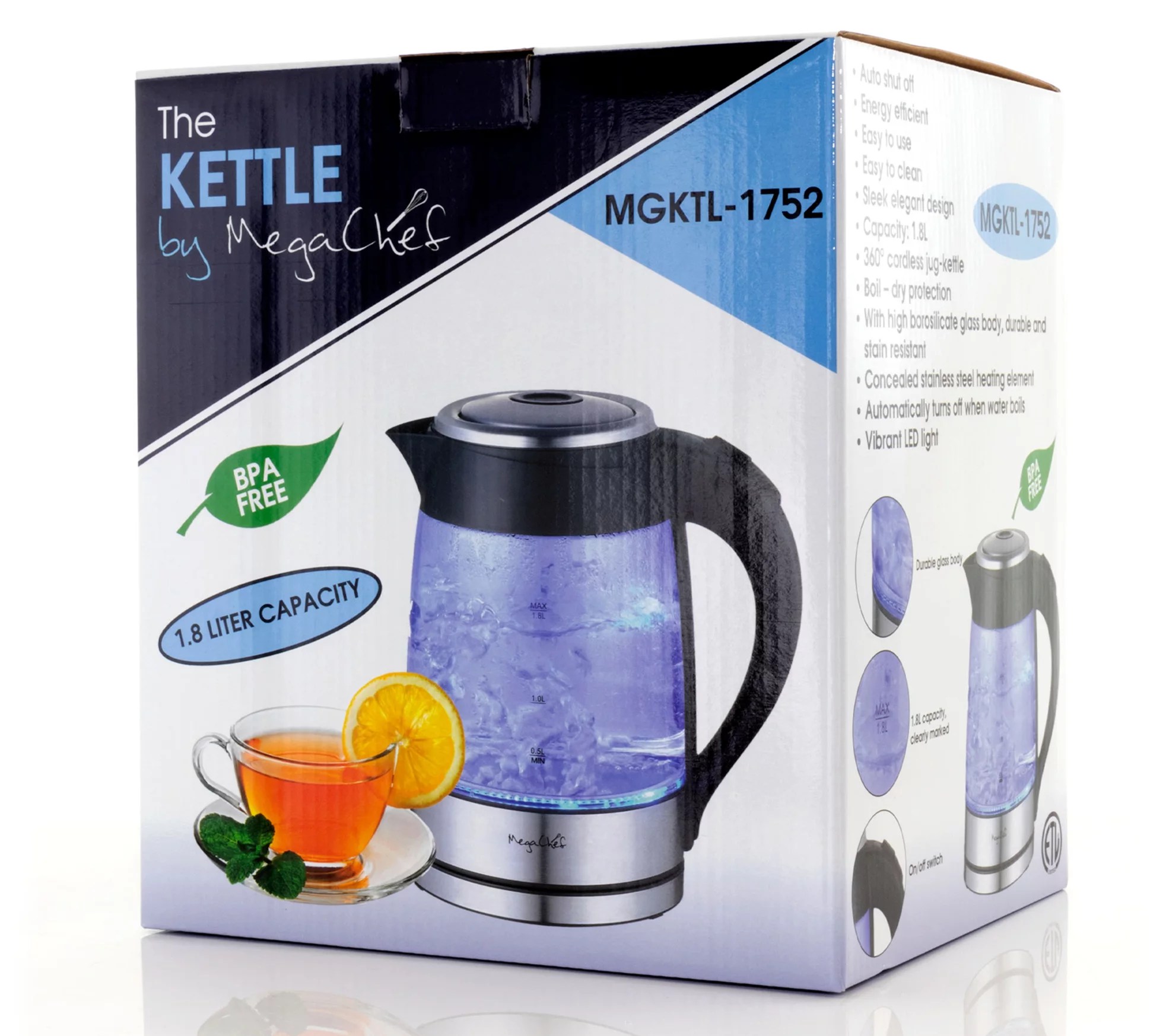MegaChef 1.8L Glass and Stainless Steel Electri c Tea Kettle