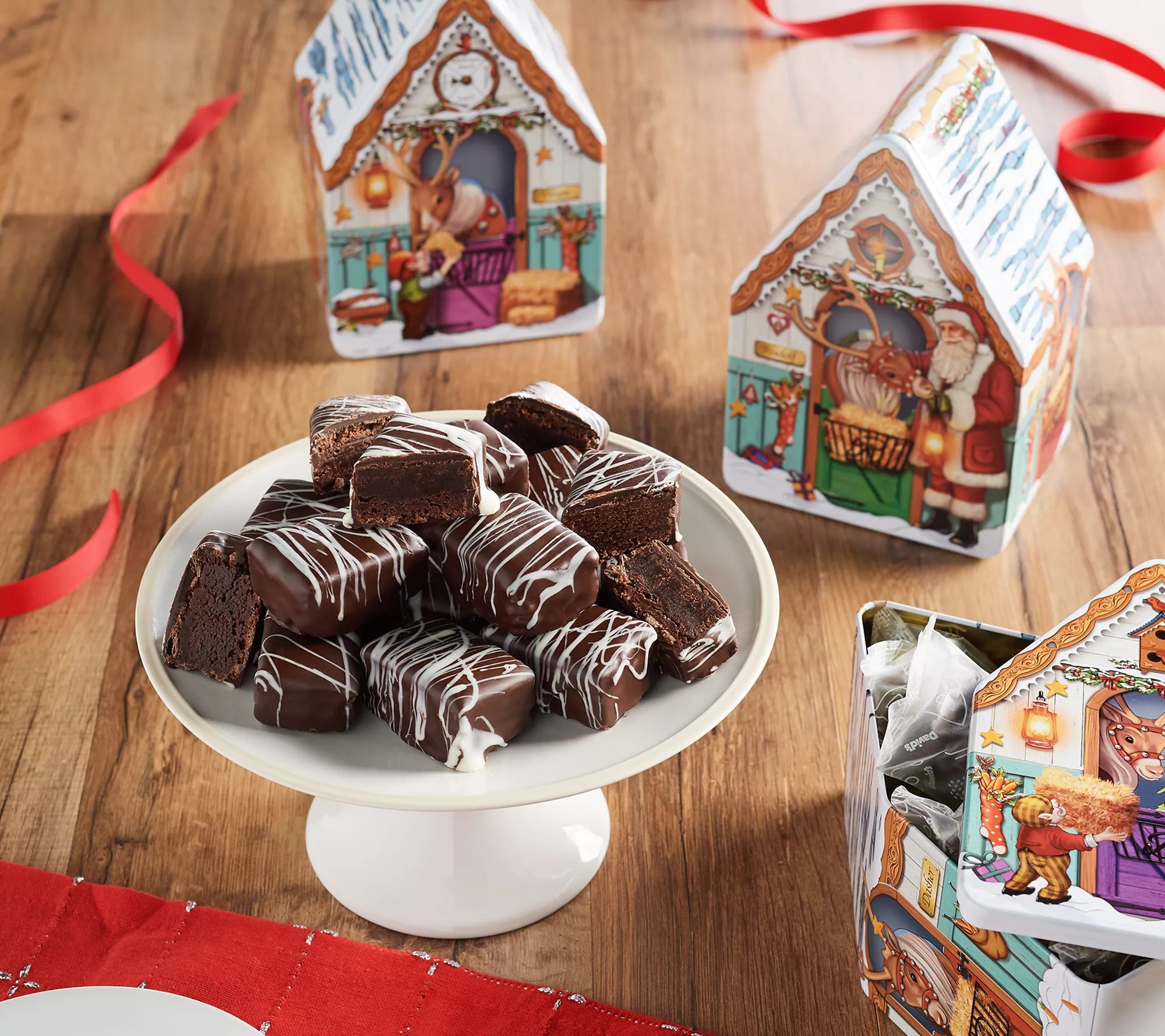 SH 12/7 David's Cookies 3 Holiday Tins w/ 30 Enrobed Brownies