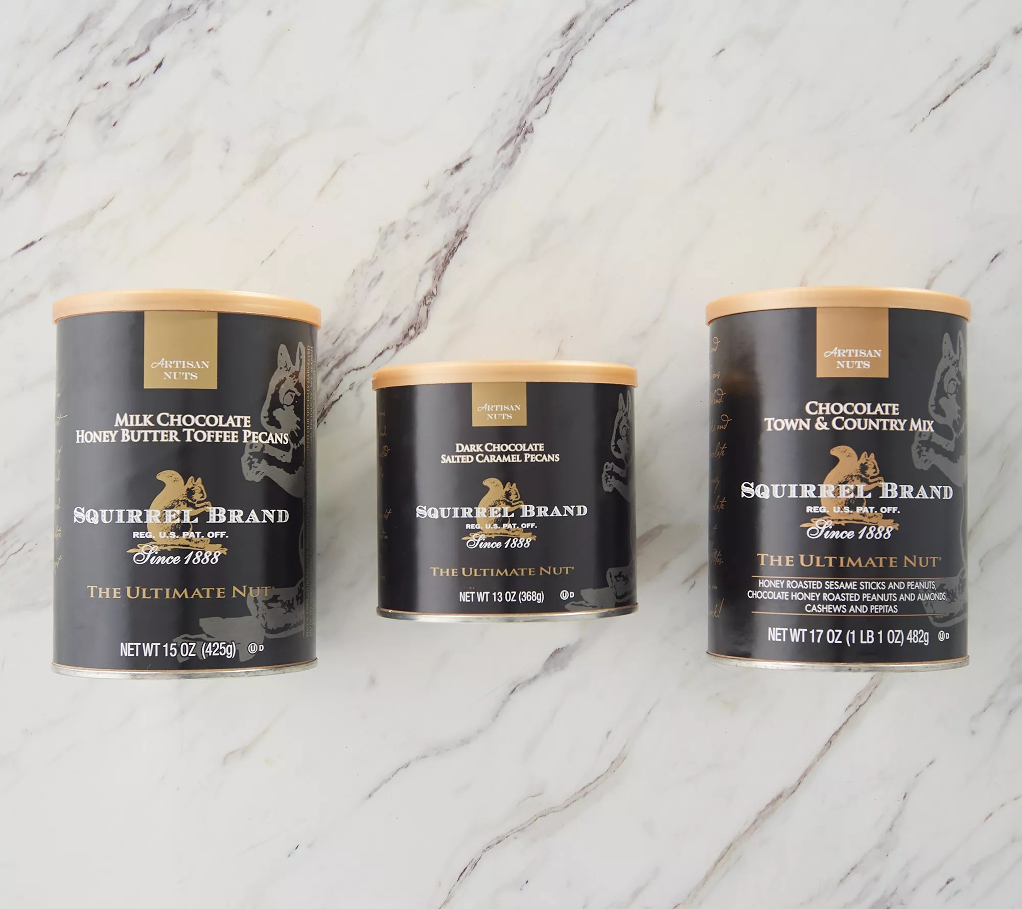 Squirrel Brand 3 Cans of Chocolate Nuts & Snack Variety