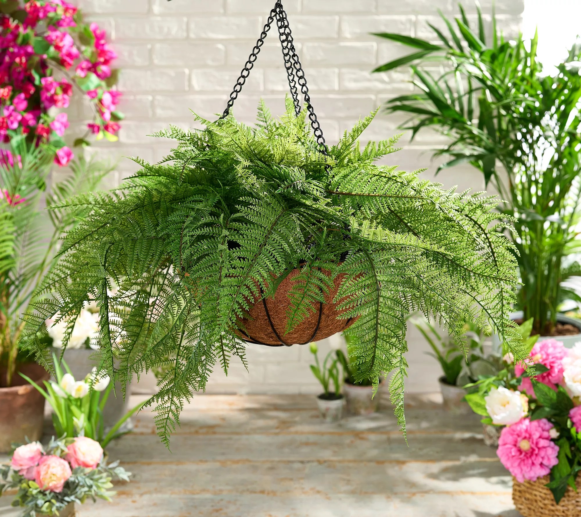 Garden Reflections 22" Faux Fern with Faux Soil Hanging Basket