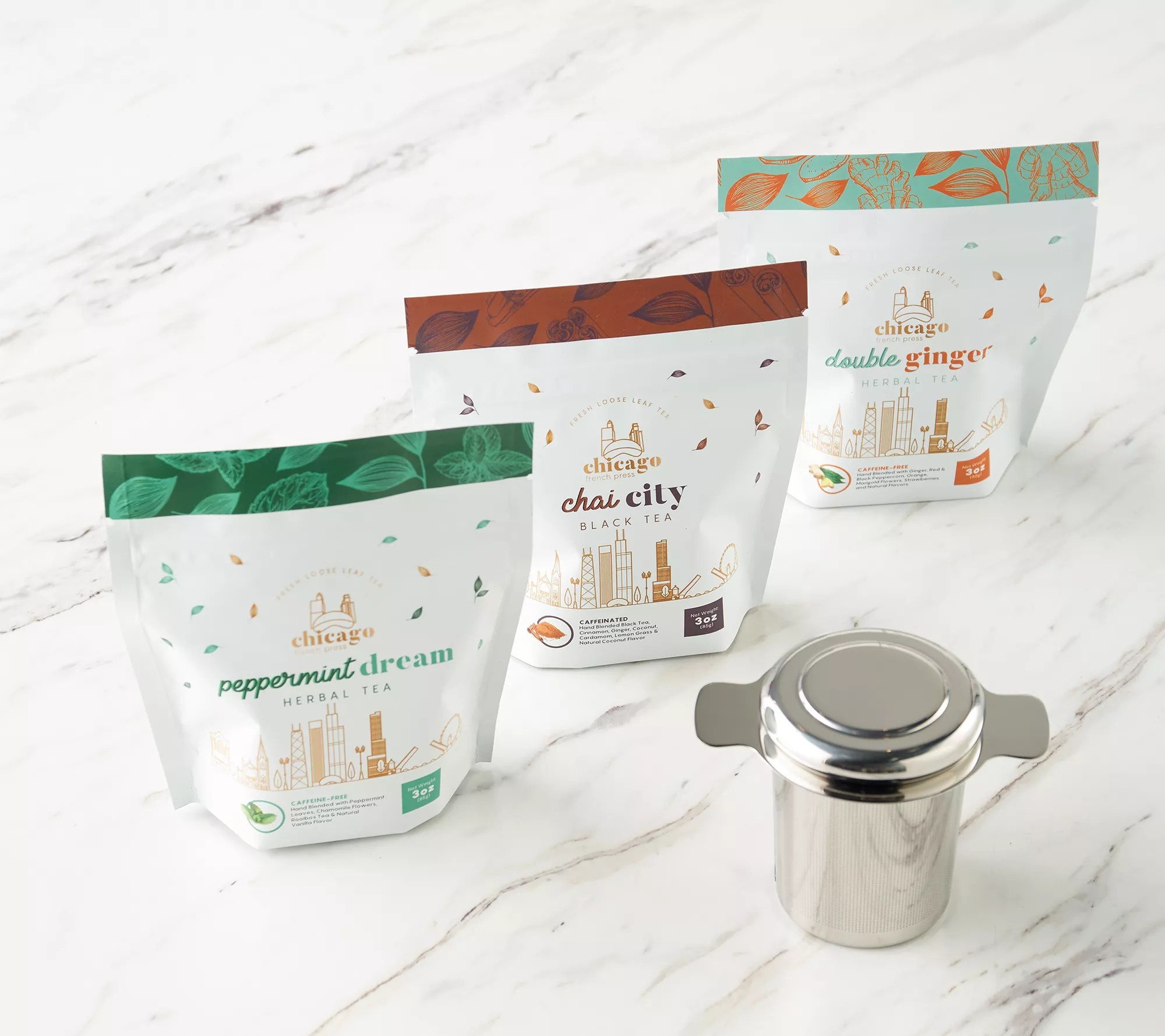 Chicago French Press 3 Bags of Loose Tea With Infuser