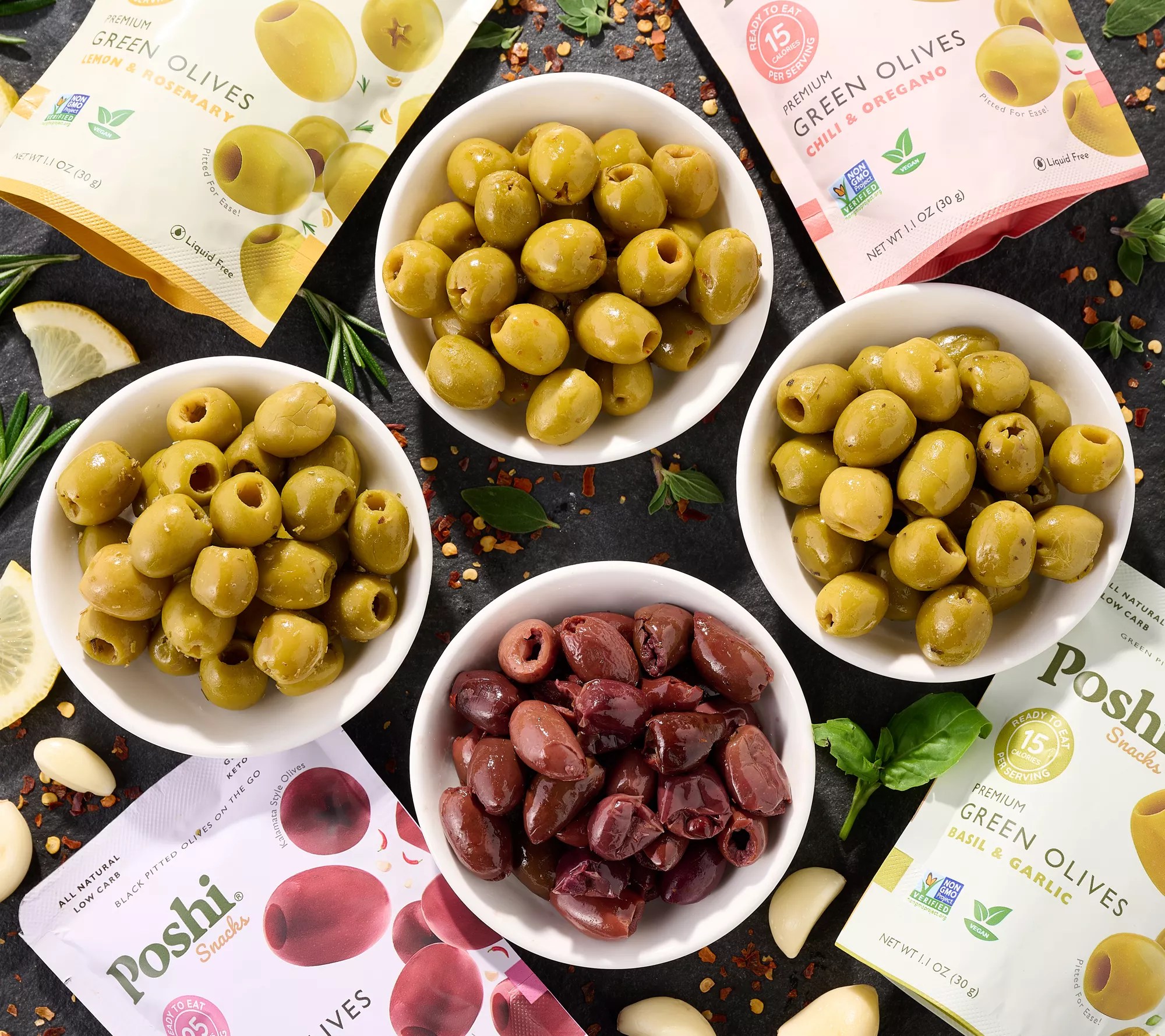 Poshi (12) Snack Pack Bags Premium Pitted Green & Black Olives