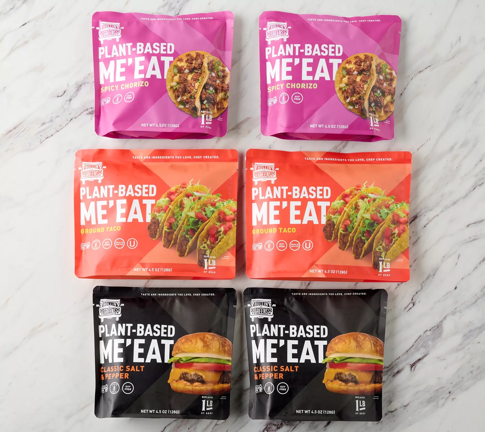 RollinGreens (6) 4.5oz Bags Plant Based Me'Eat Packs in Flavor Choice