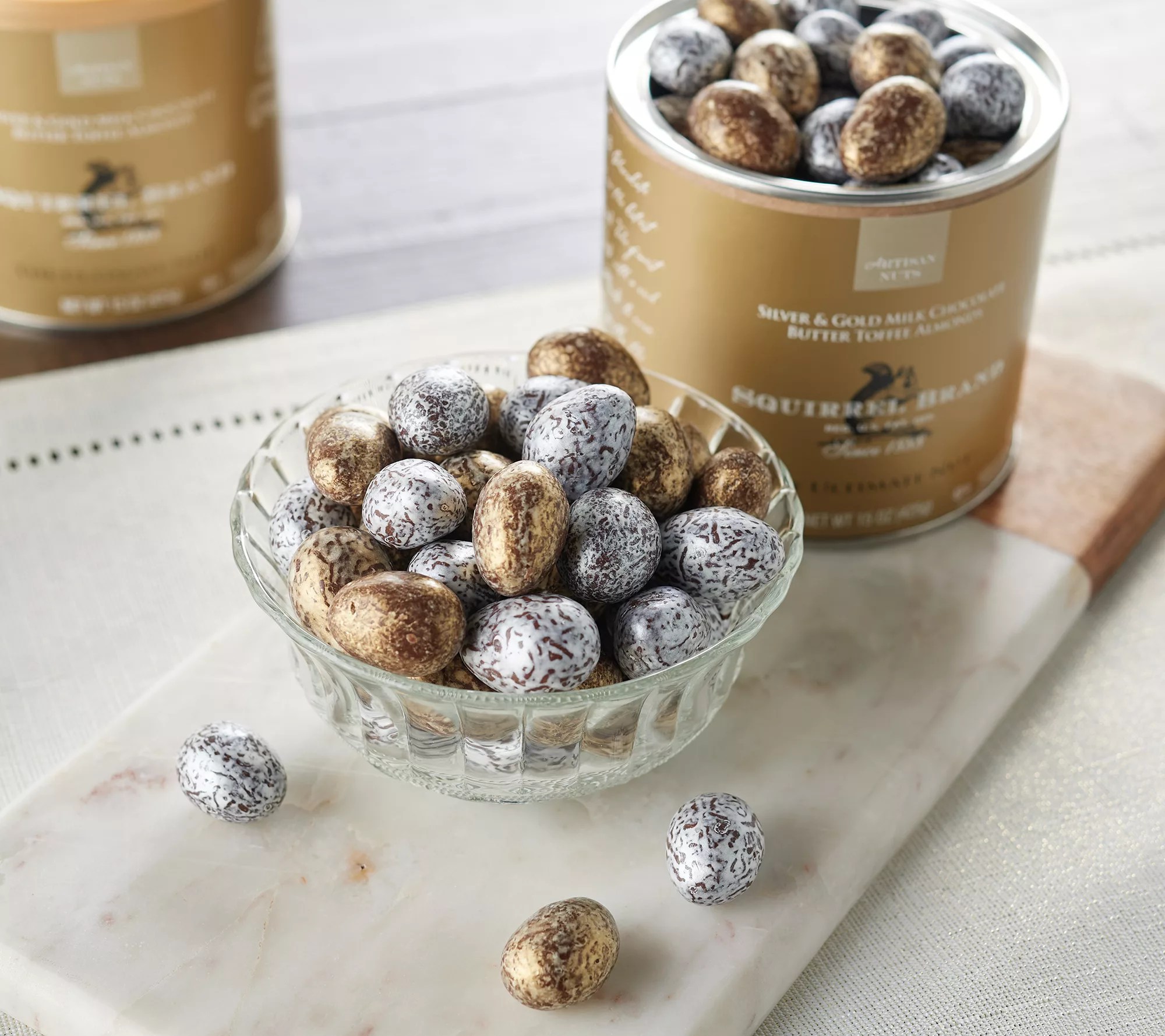 Squirrel Brand (2) 15oz. Silver & Gold Chocolate Toffee Almonds