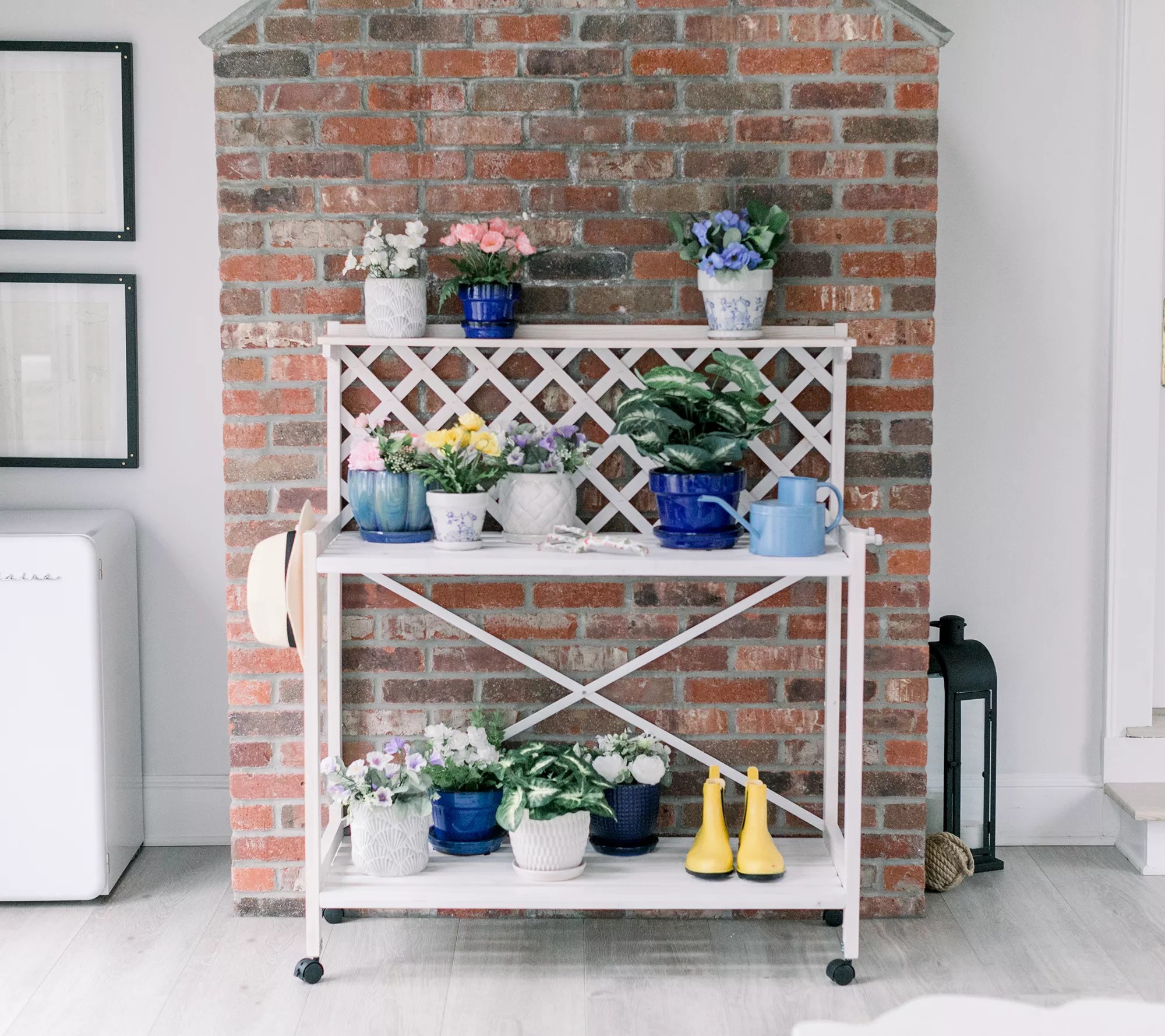 Wooden Whitewash Potting Bench with Wheels by Lauren McBride