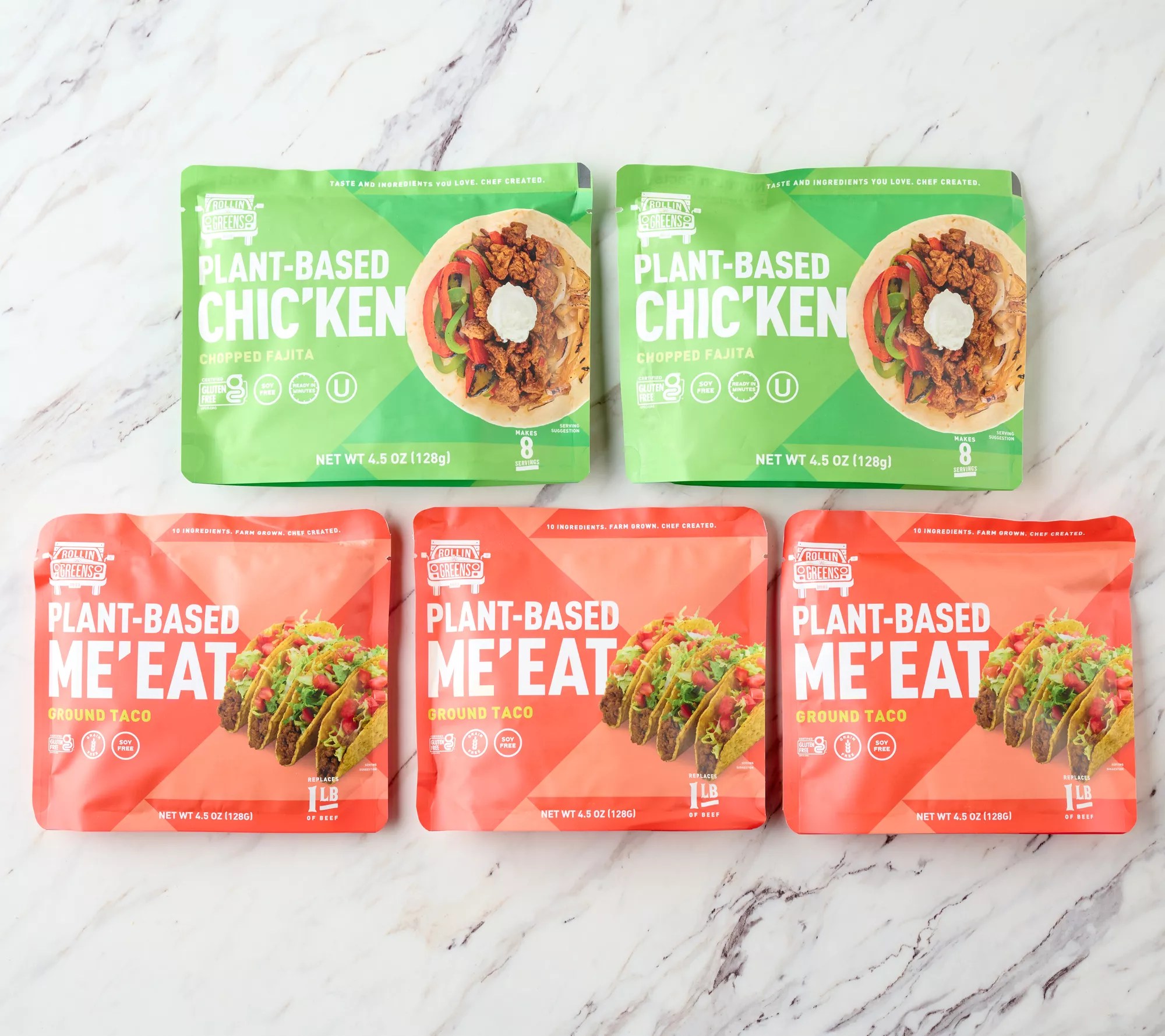 Rollingreens (5) 4.5oz Bags Plant Based Me'Eat or Chic'Ken Packs