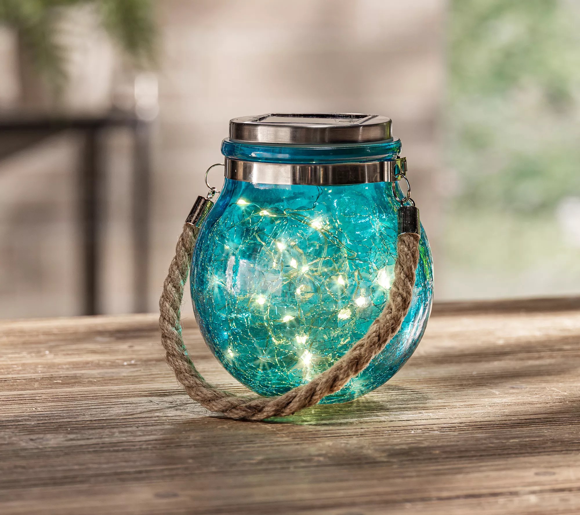 Garden Meadow Illuminated Solar Crackle Glass Lantern w/ Fairy Lights