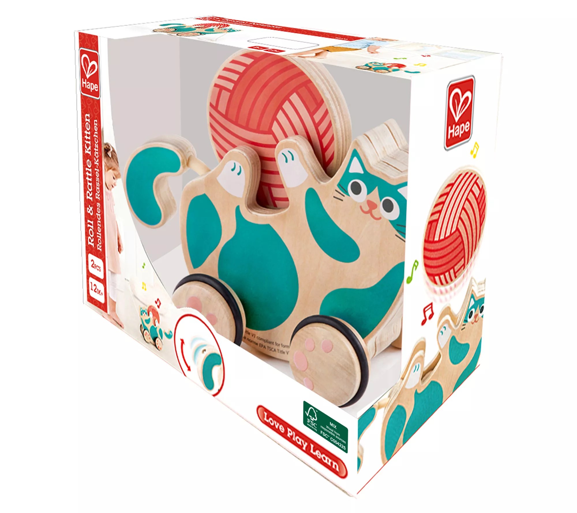 Hape WalkALong Roll & Rattle Kitten Wooden Toddler Toy