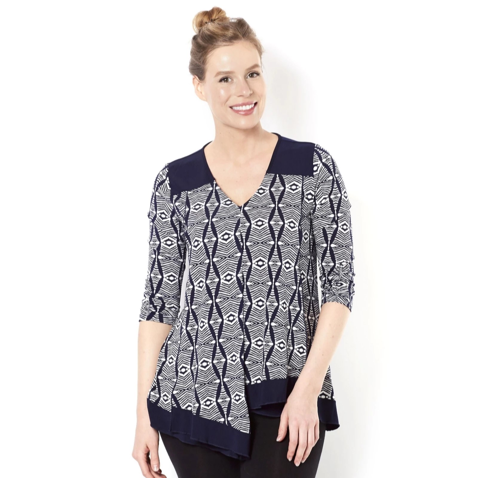 Outlet 3/4 Sleeve Printed V Neck Asymmetric Hem Top QVC UK