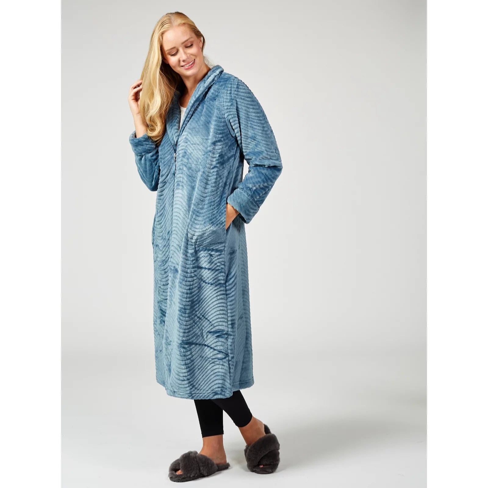 Carole Hochman Waved Detail Silky Plush Long Zip Robe QVC UK