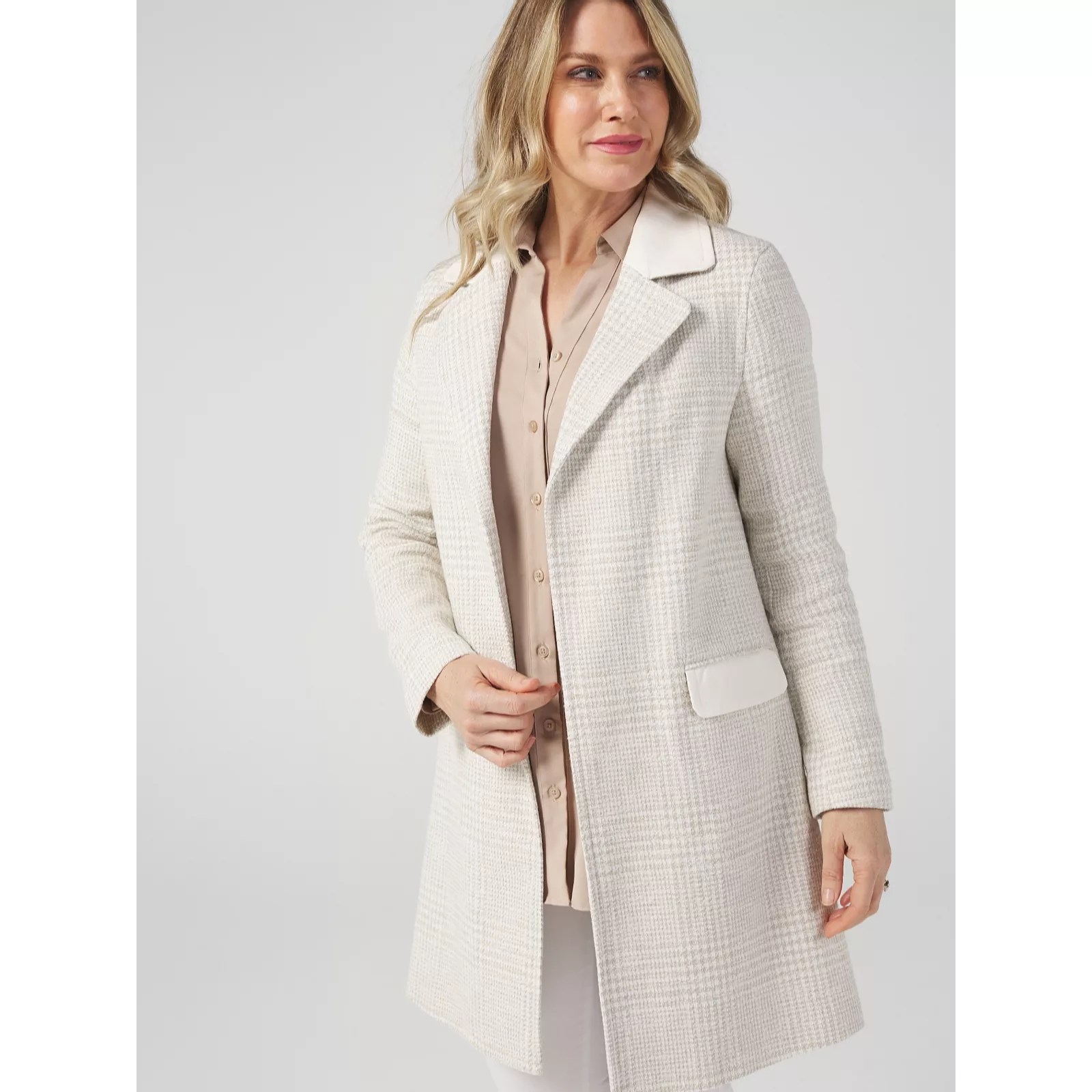 Helene Berman Contrast Faux Leather Collar & Pocket Edge to Edge Coat