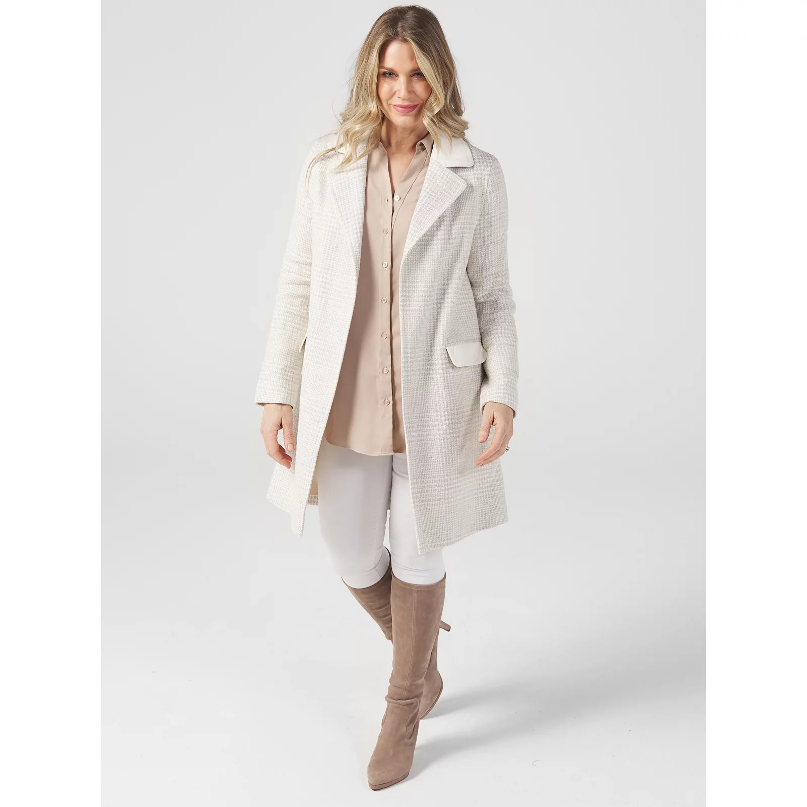 Helene Berman Contrast Faux Leather Collar & Pocket Edge to Edge Coat