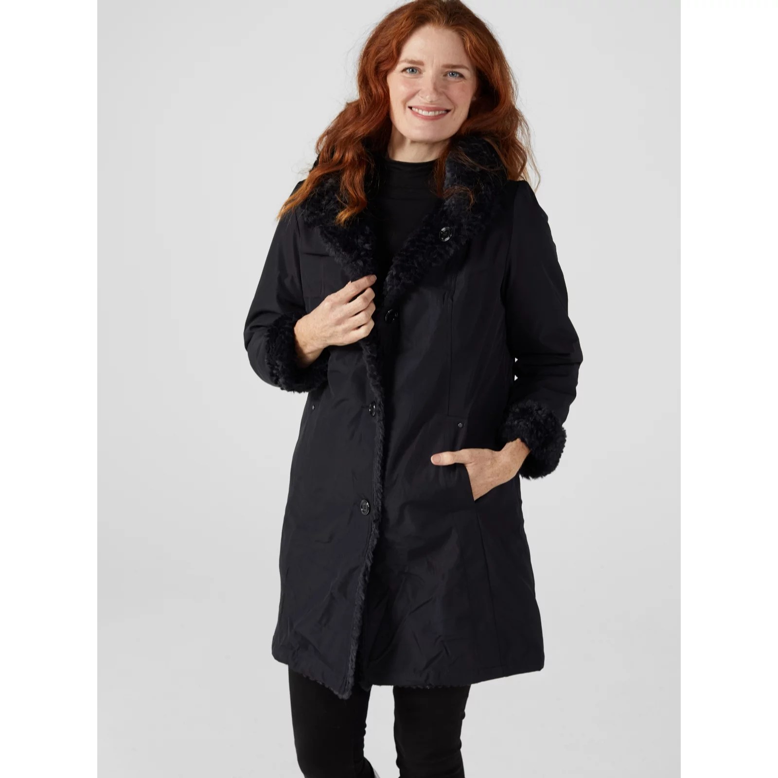Centigrade Textured Faux Fur Reversible Mid Length Coat with Pockets