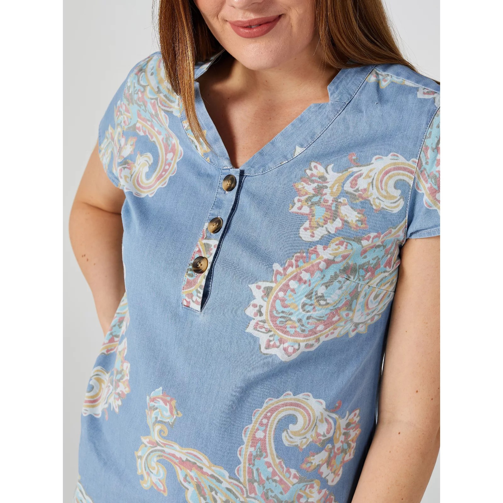 Denim & Co. Printed Denim Notch Collar Cap Sleeve Tunic with Curved Hem QVC UK