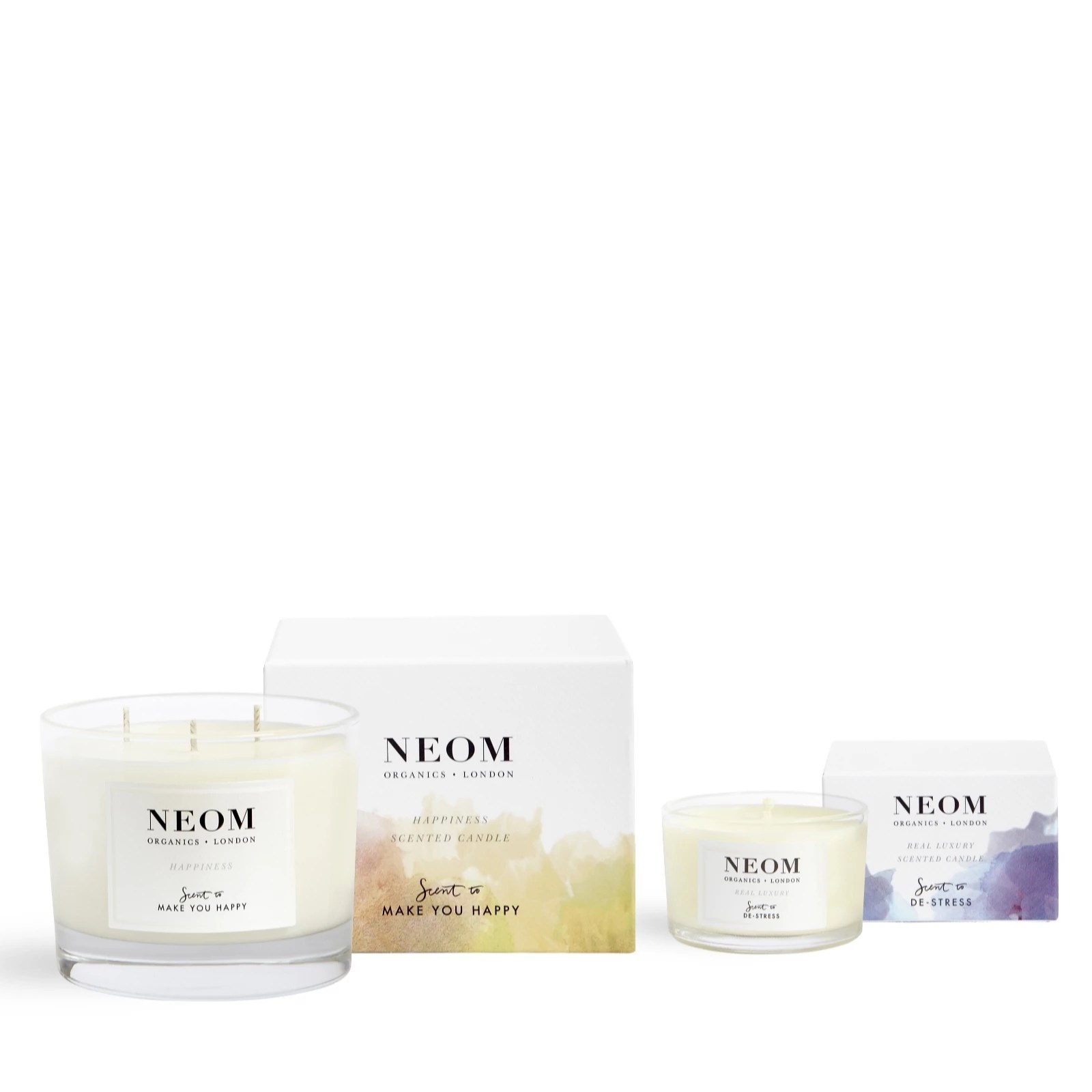 Neom Happiness Three Wick Candle & Real Luxury Travel Candle QVC UK