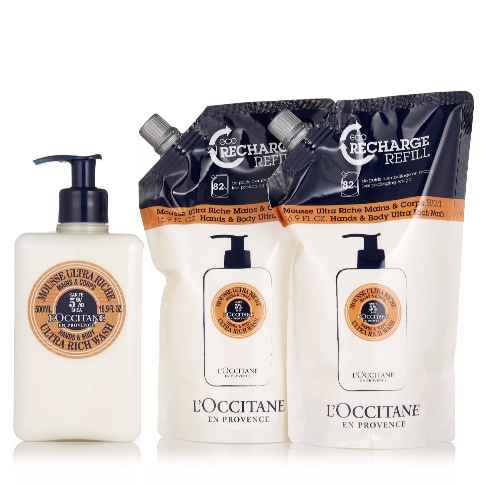 L'Occitane Shea Ultra Rich Hand & Body Wash & 2 Eco Refills QVC UK